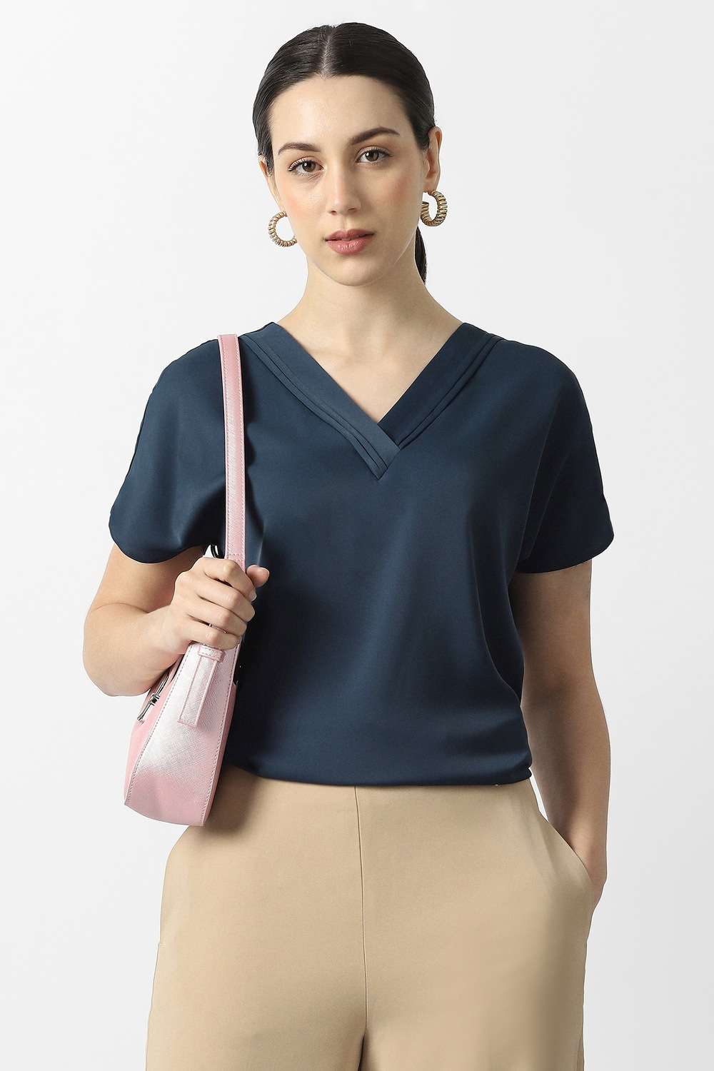 Solid-Polyester-V-Neck-Women-Top