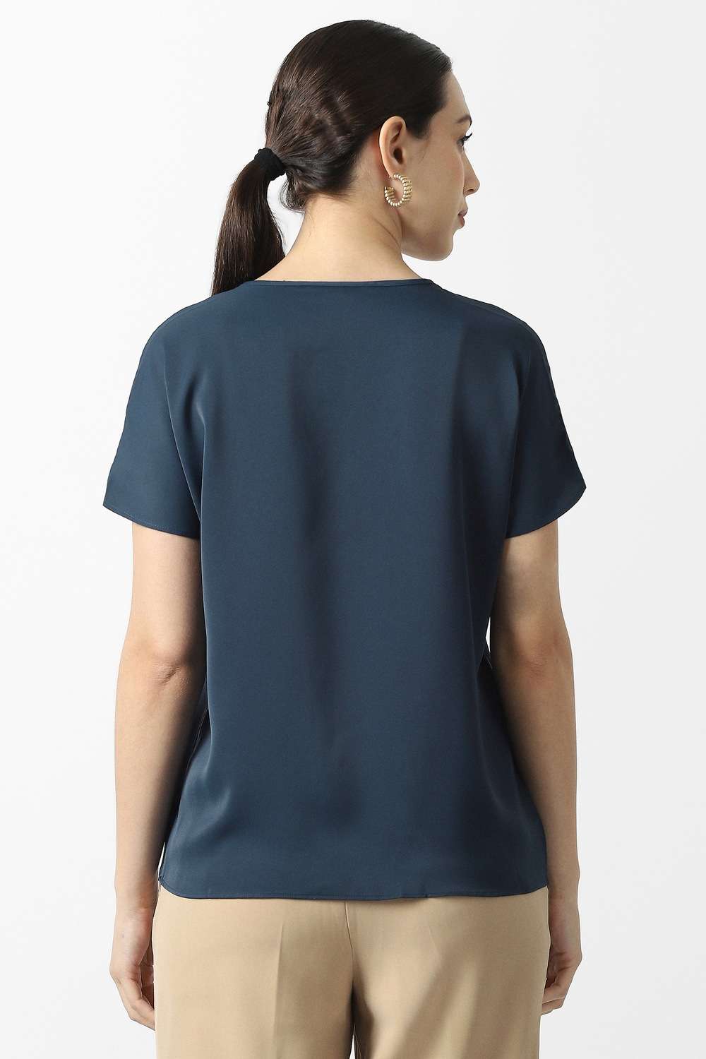 Solid-Polyester-V-Neck-Women-Top