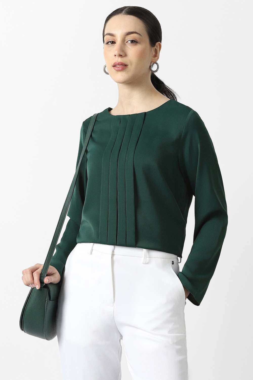 Solid-Polyester-Round-Neck-Women-s-Top