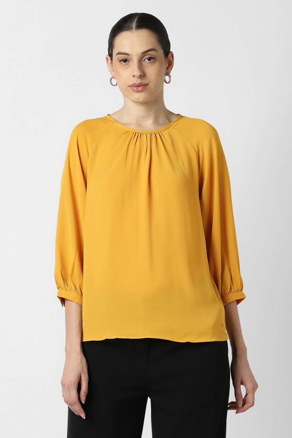 Solid-Polyester-Round-Neck-Women-s-Top