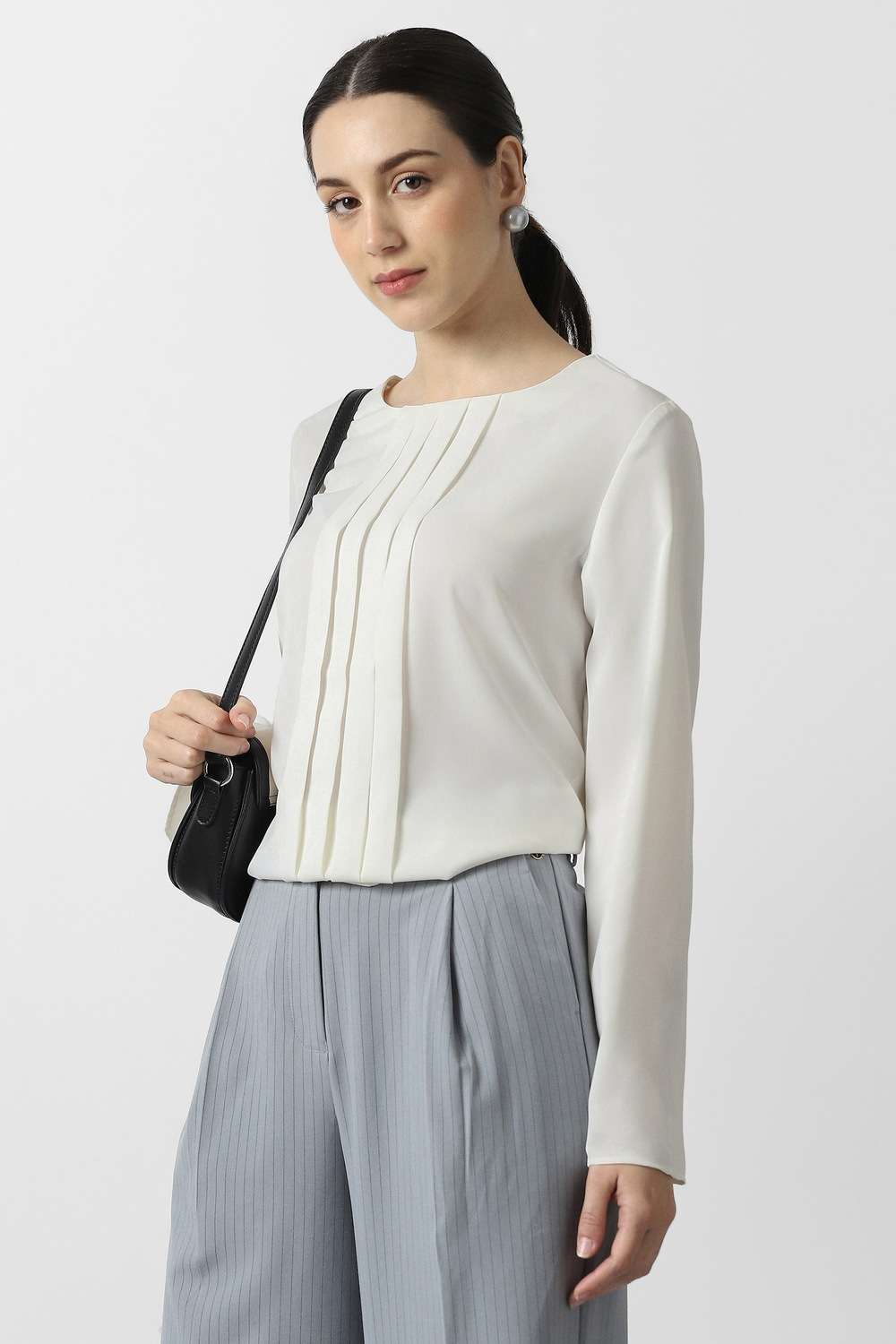 Solid-Polyester-Round-Neck-Women-s-Top