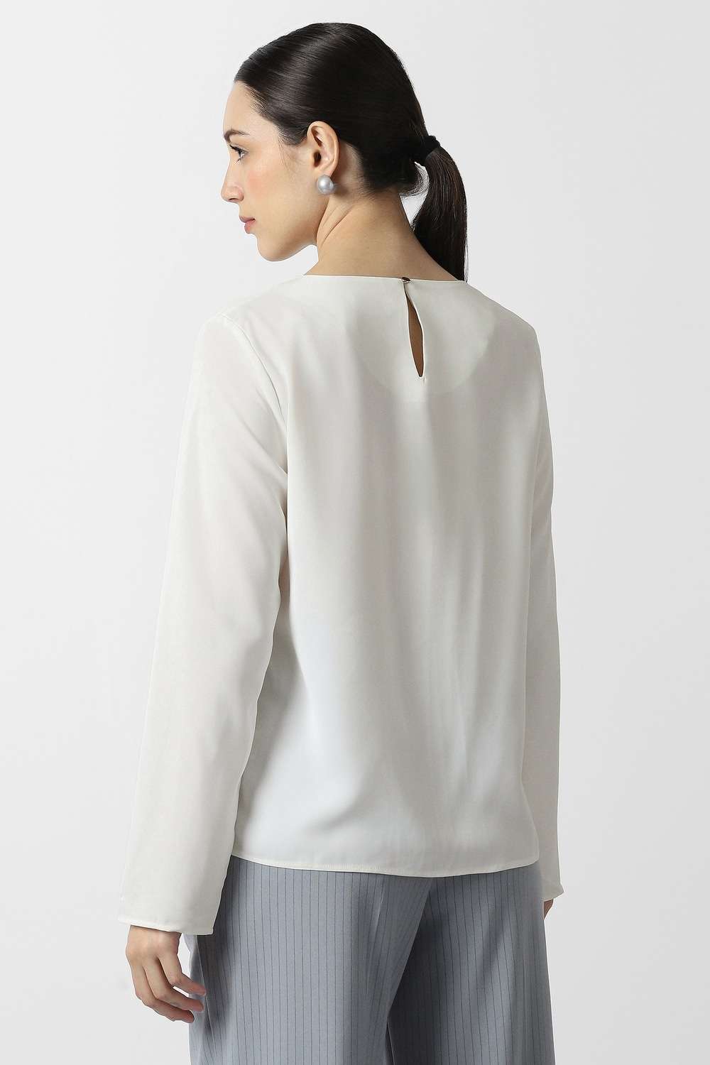 Solid-Polyester-Round-Neck-Women-s-Top