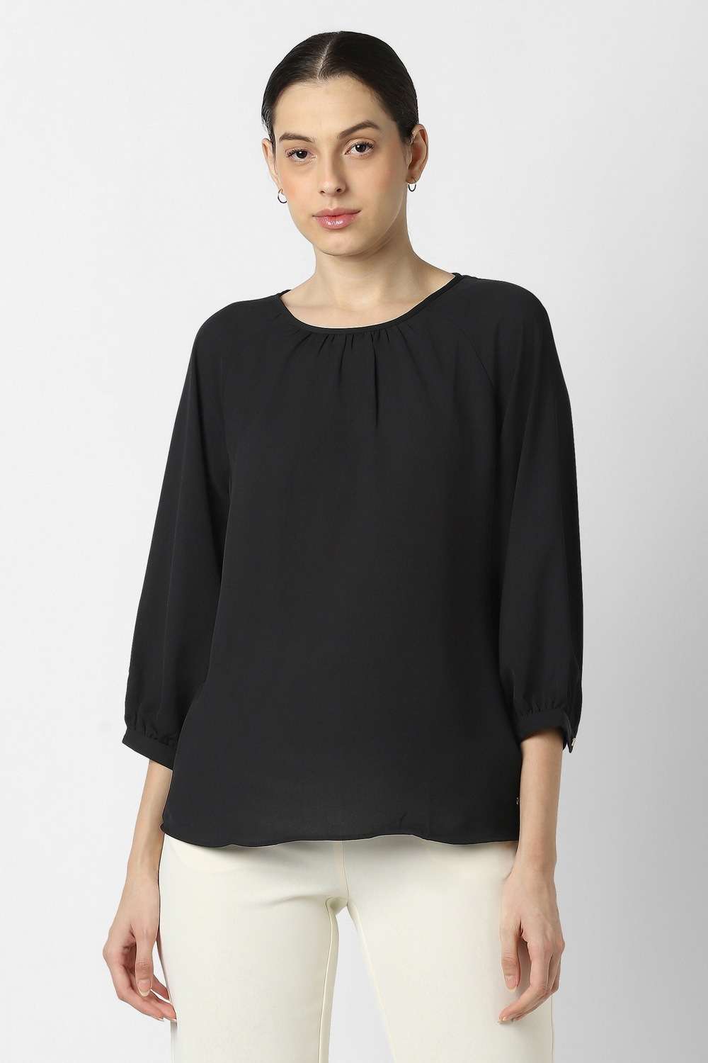 Solid-Polyester-Round-Neck-Women-s-Top