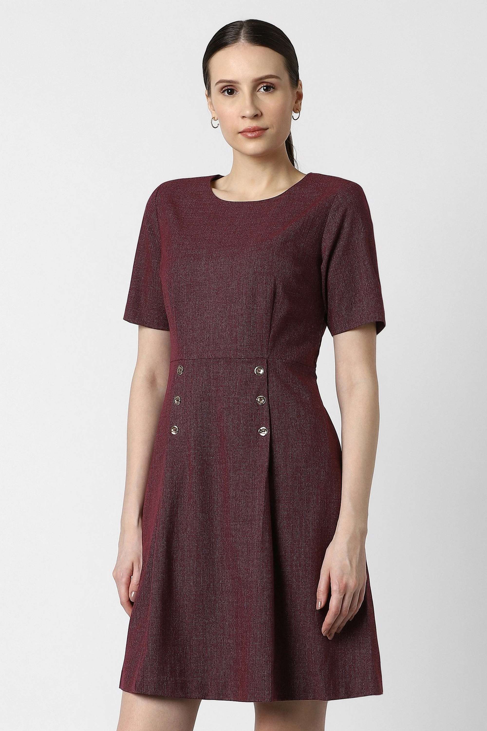 Textured-Round-Neck-Polyester-Blend-Women-s-Above-Knee-Dress