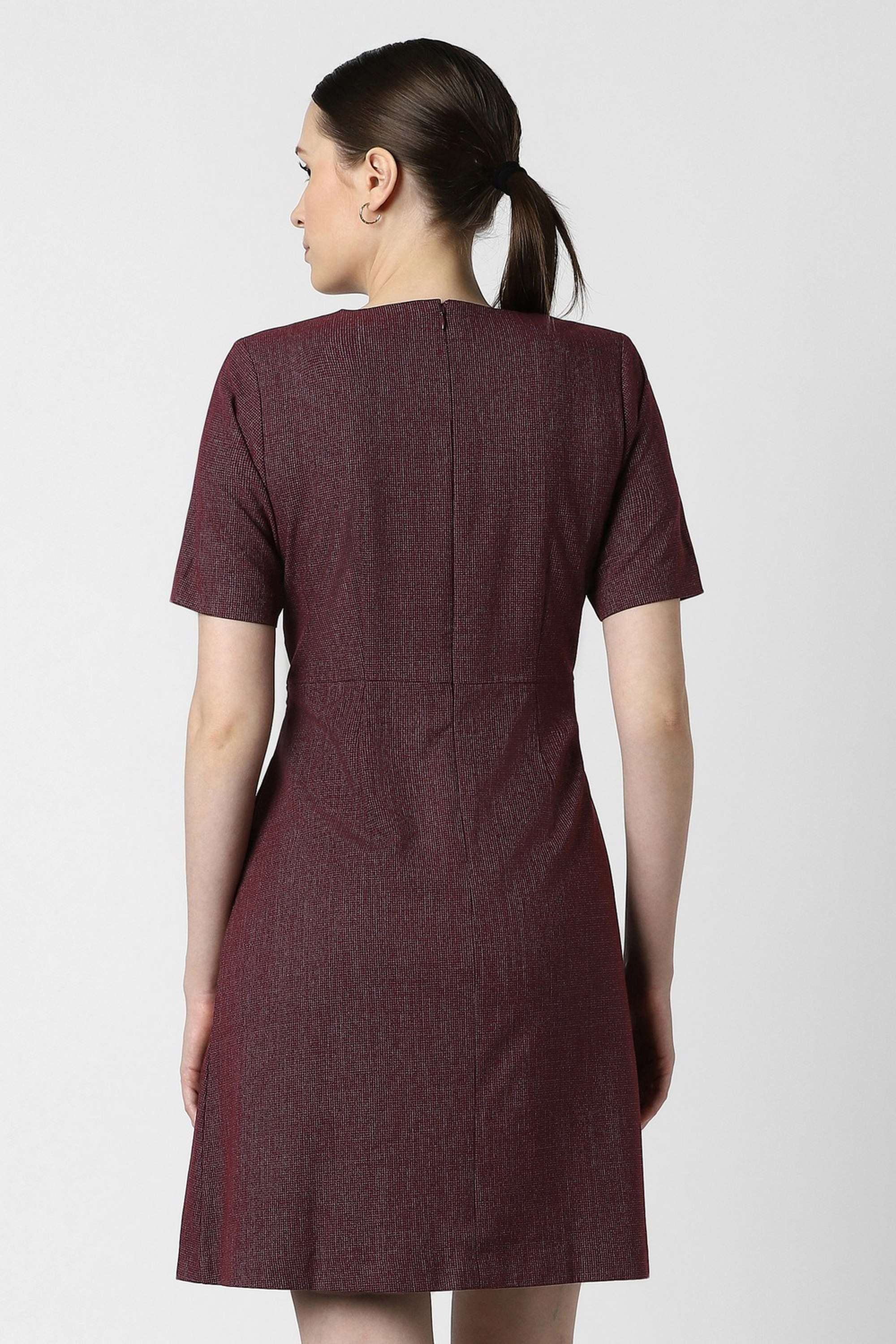 Textured-Round-Neck-Polyester-Blend-Women-s-Above-Knee-Dress