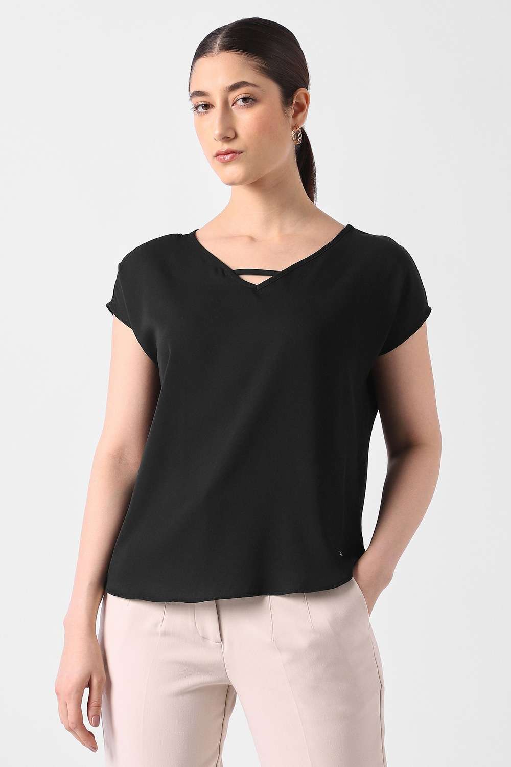 Solid-Polyester-V-Neck-Women-Top