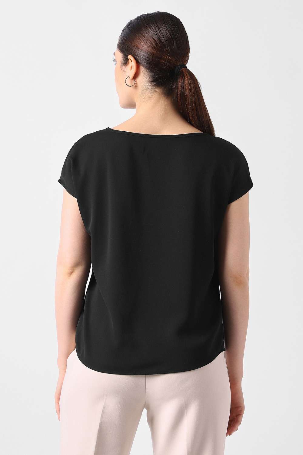 Solid-Polyester-V-Neck-Women-Top