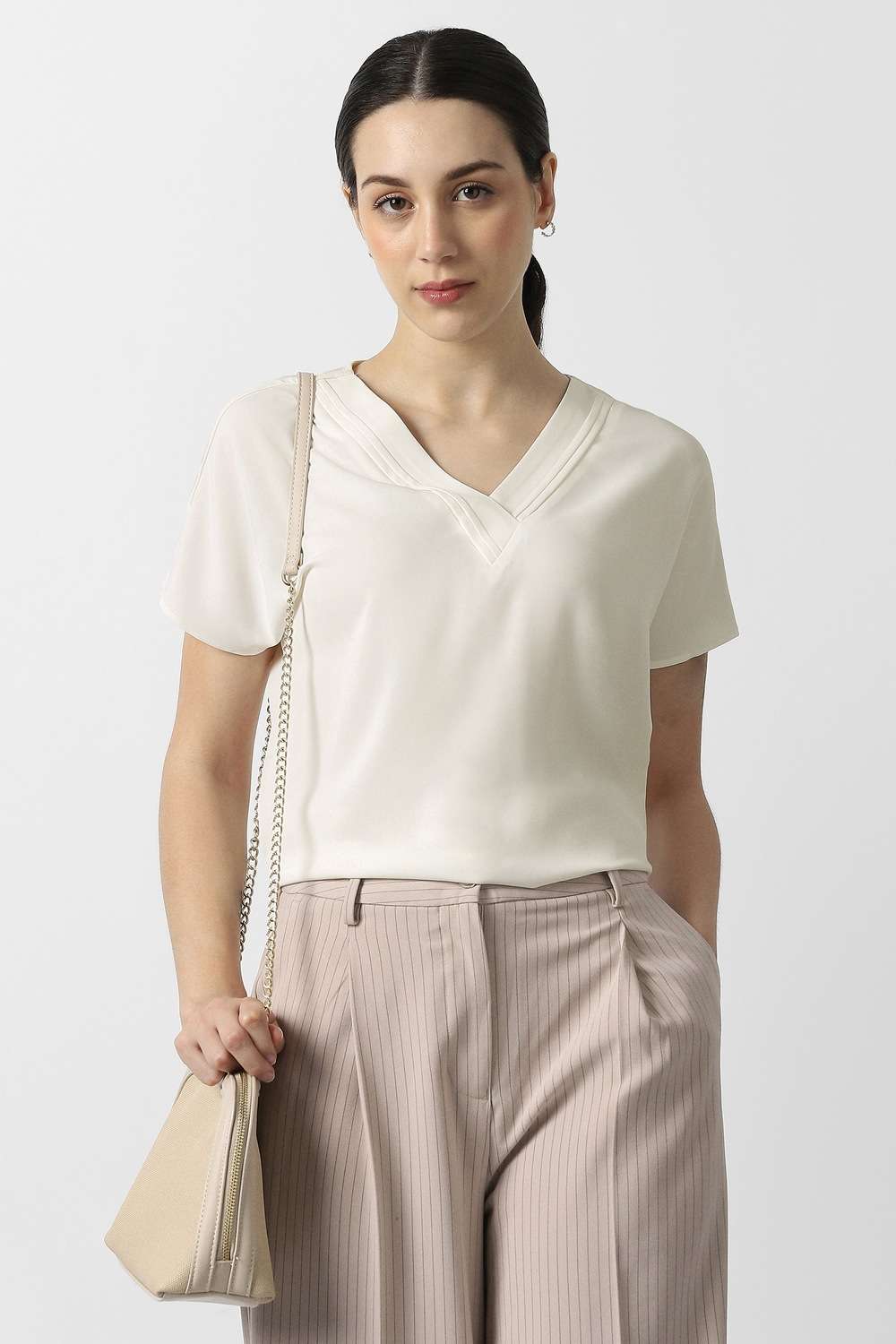 Solid-Polyester-V-Neck-Women-s-Top