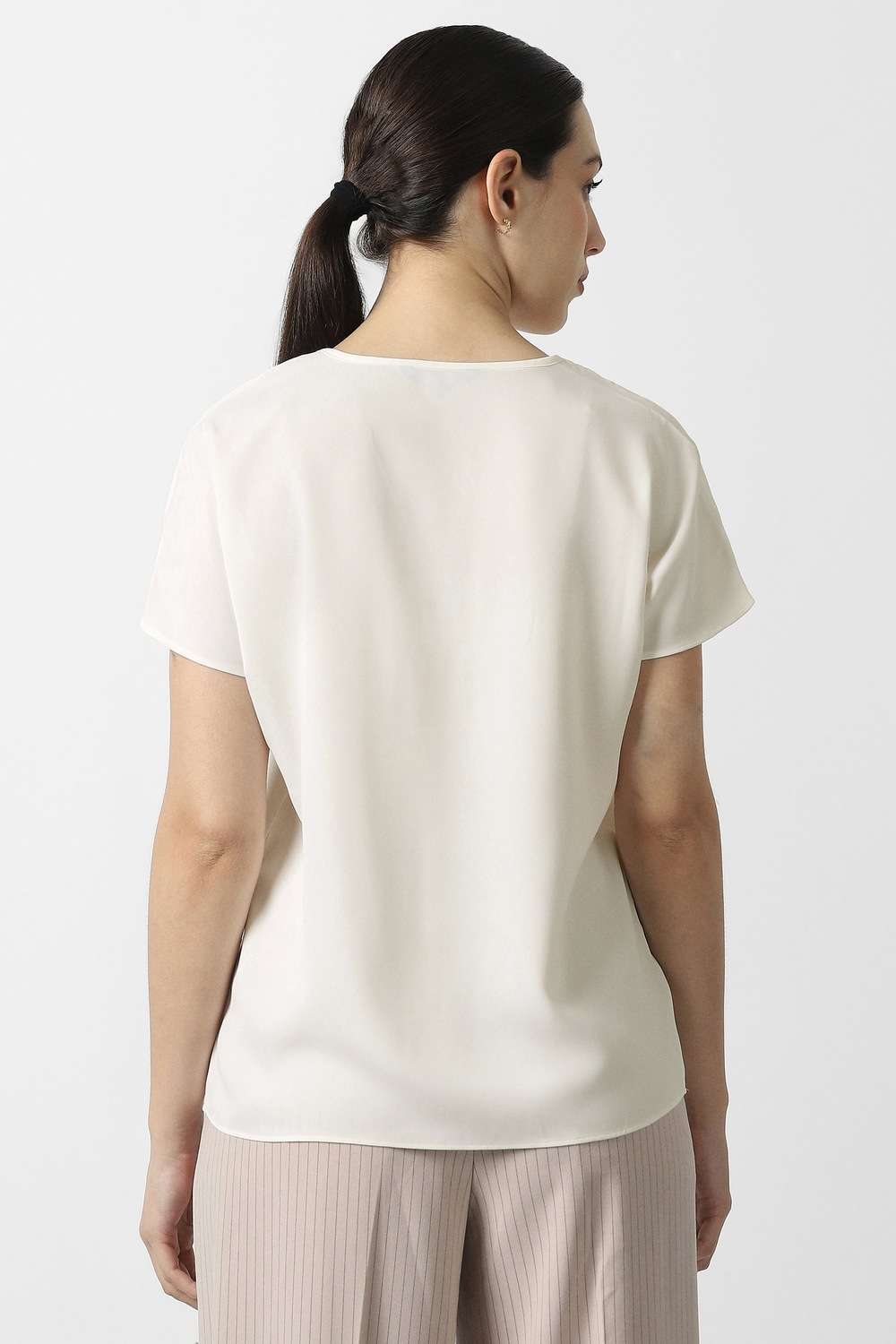 Solid-Polyester-V-Neck-Women-s-Top