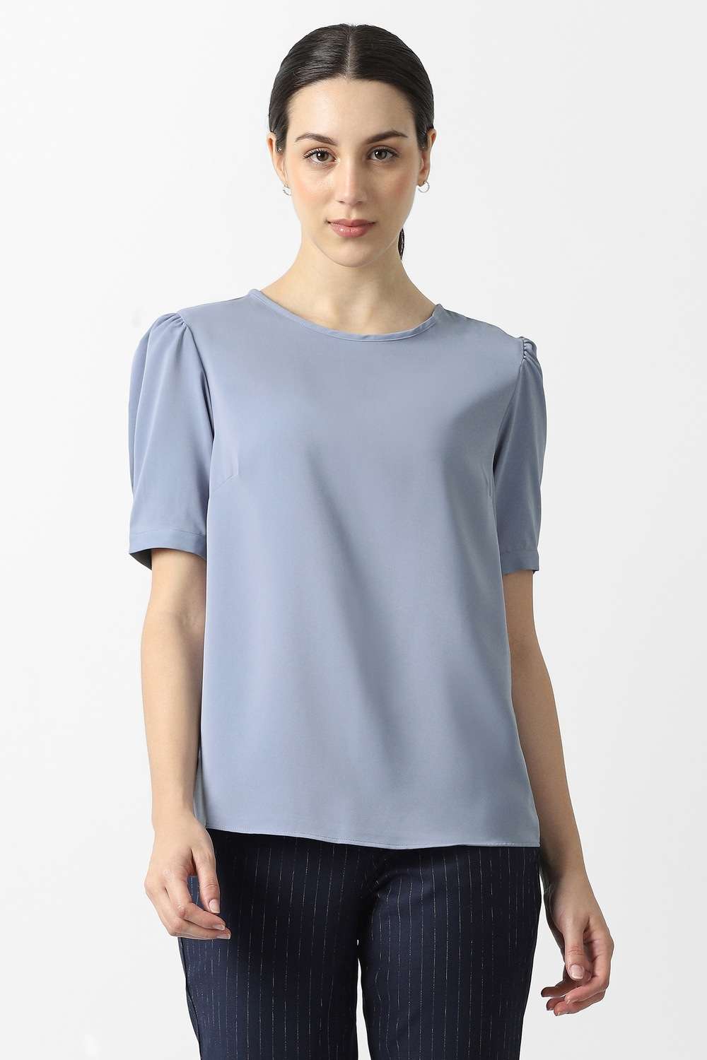 Solid-Polyester-Round-Neck-Women-s-Top