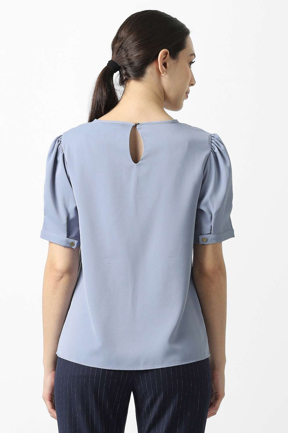 Solid-Polyester-Round-Neck-Women-s-Top