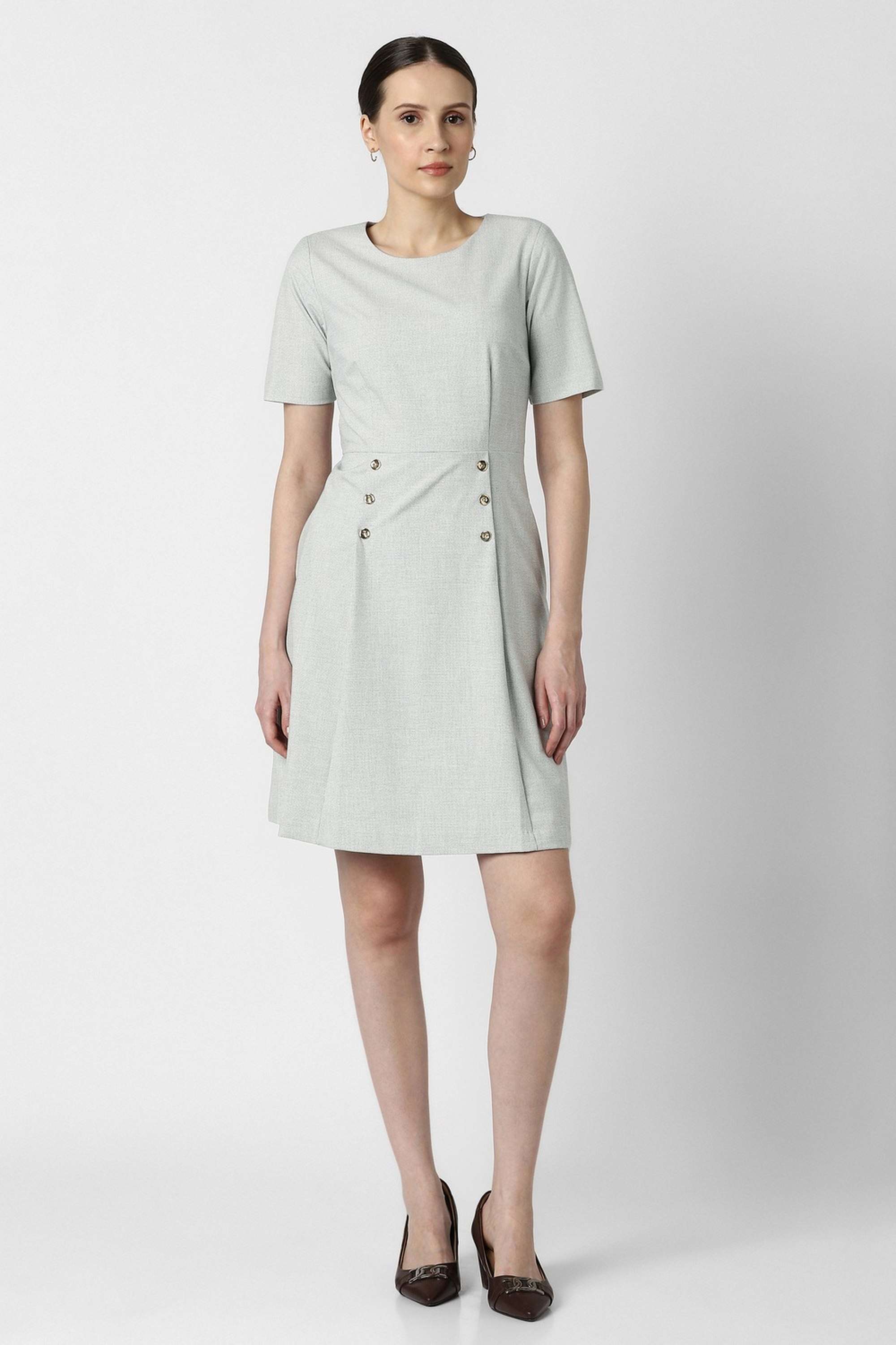 Textured-Round-Neck-Polyester-Blend-Women-s-Above-Knee-Dress