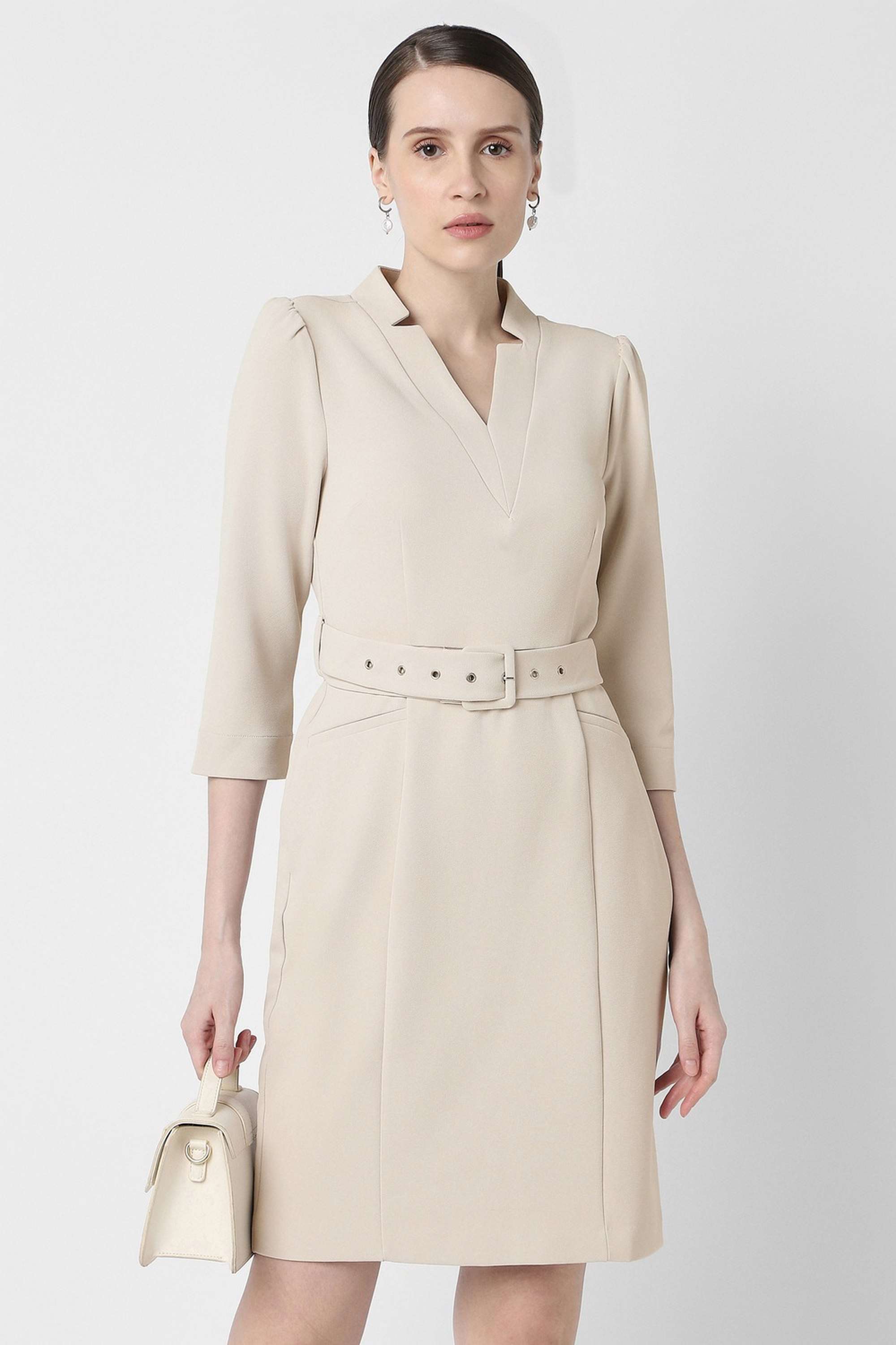 Solid-V-Neck-Polyester-Blend-Women-s-Above-Knee-Dress