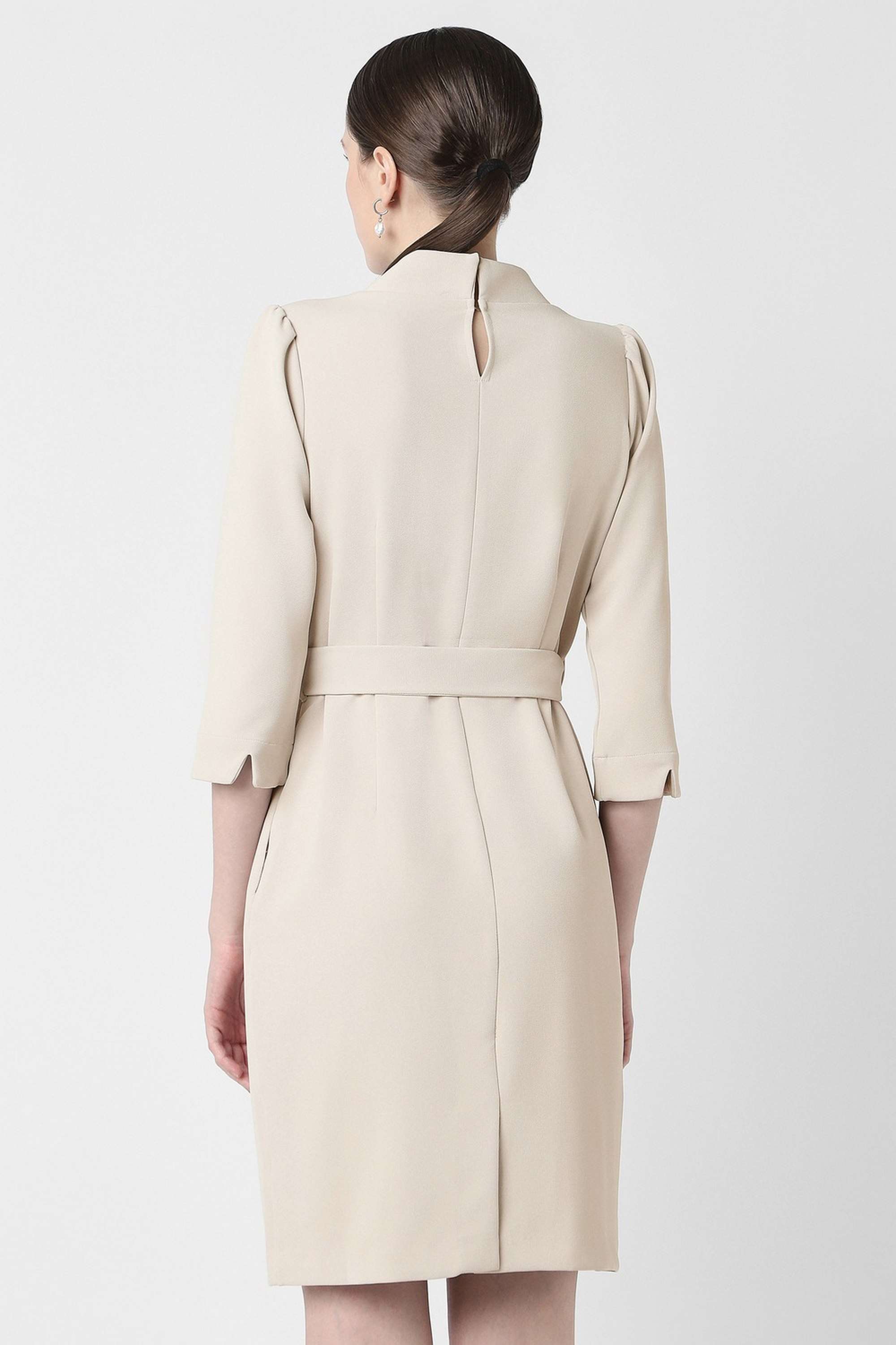 Solid-V-Neck-Polyester-Blend-Women-s-Above-Knee-Dress