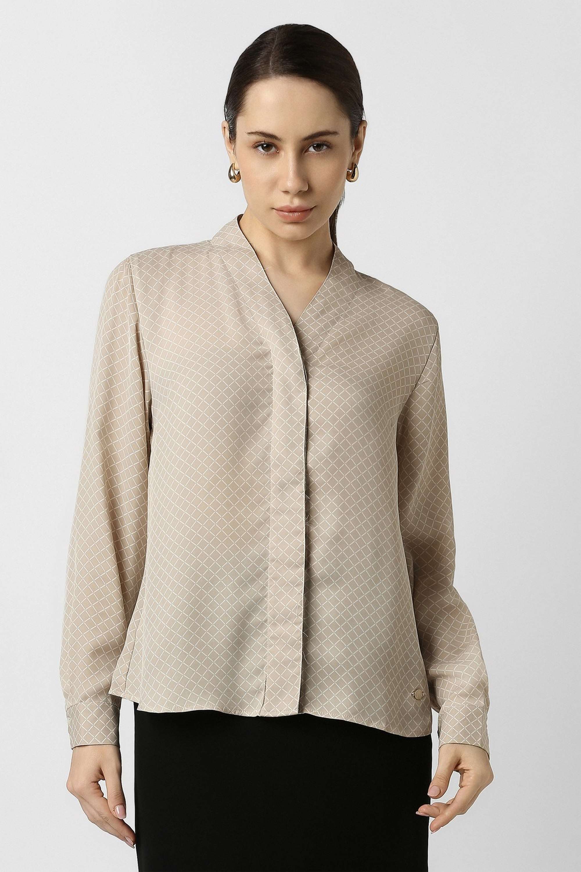 Geometric-Print-Mandarin-Collar-Polyester-Women-s-Formal-Wear-Shirt