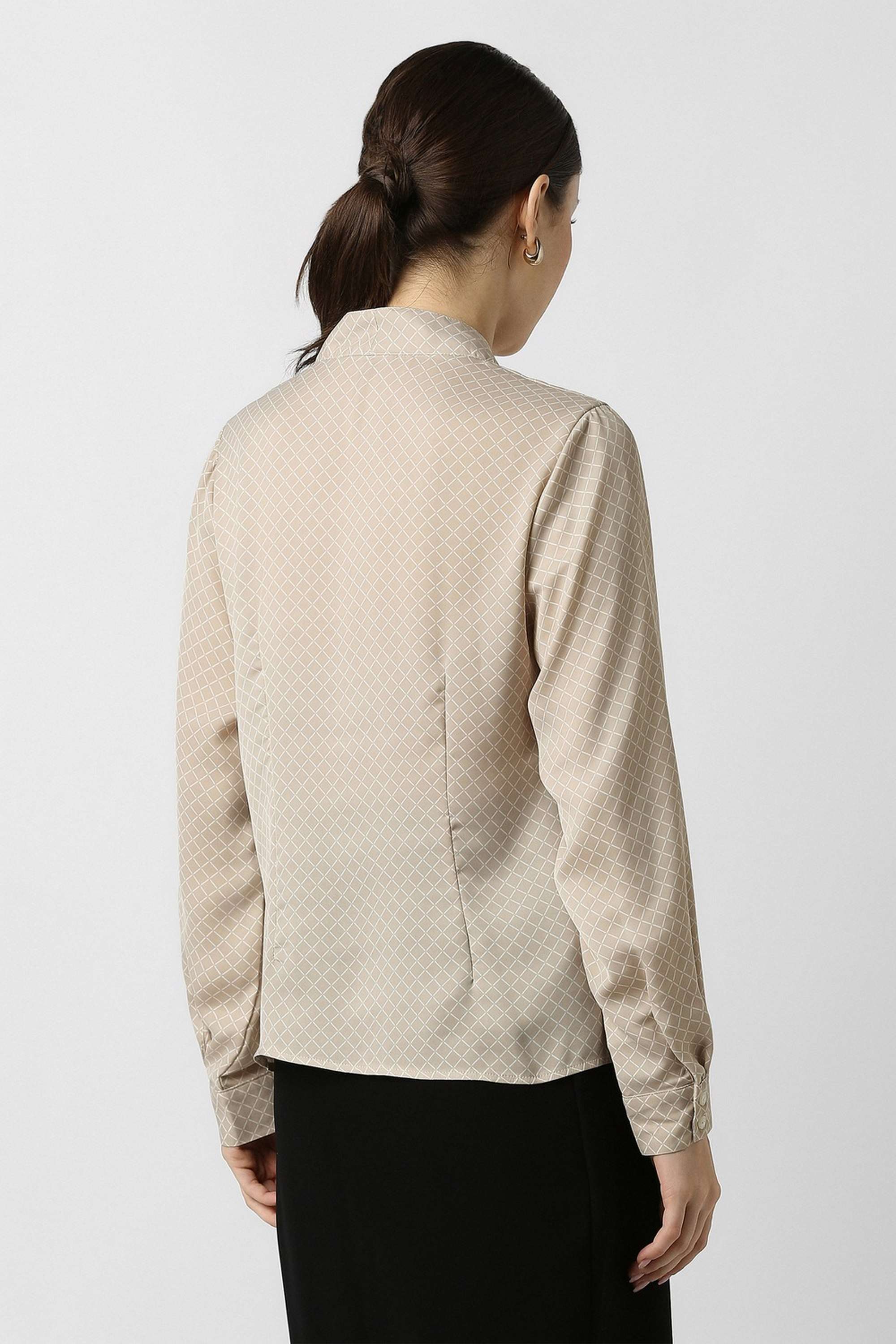 Geometric-Print-Mandarin-Collar-Polyester-Women-s-Formal-Wear-Shirt