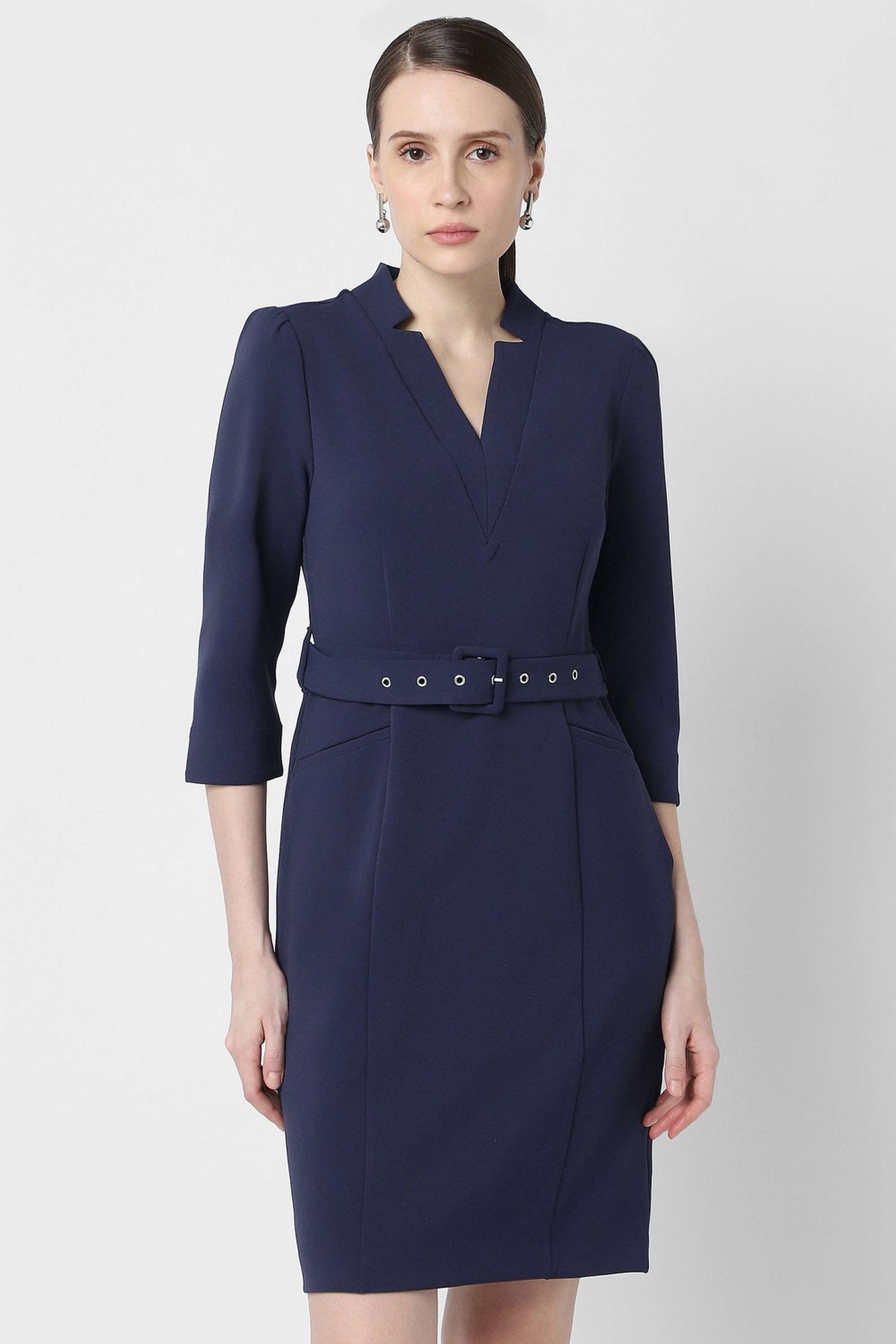 Solid-V-Neck-Polyester-Blend-Women-s-Above-Knee-Dress