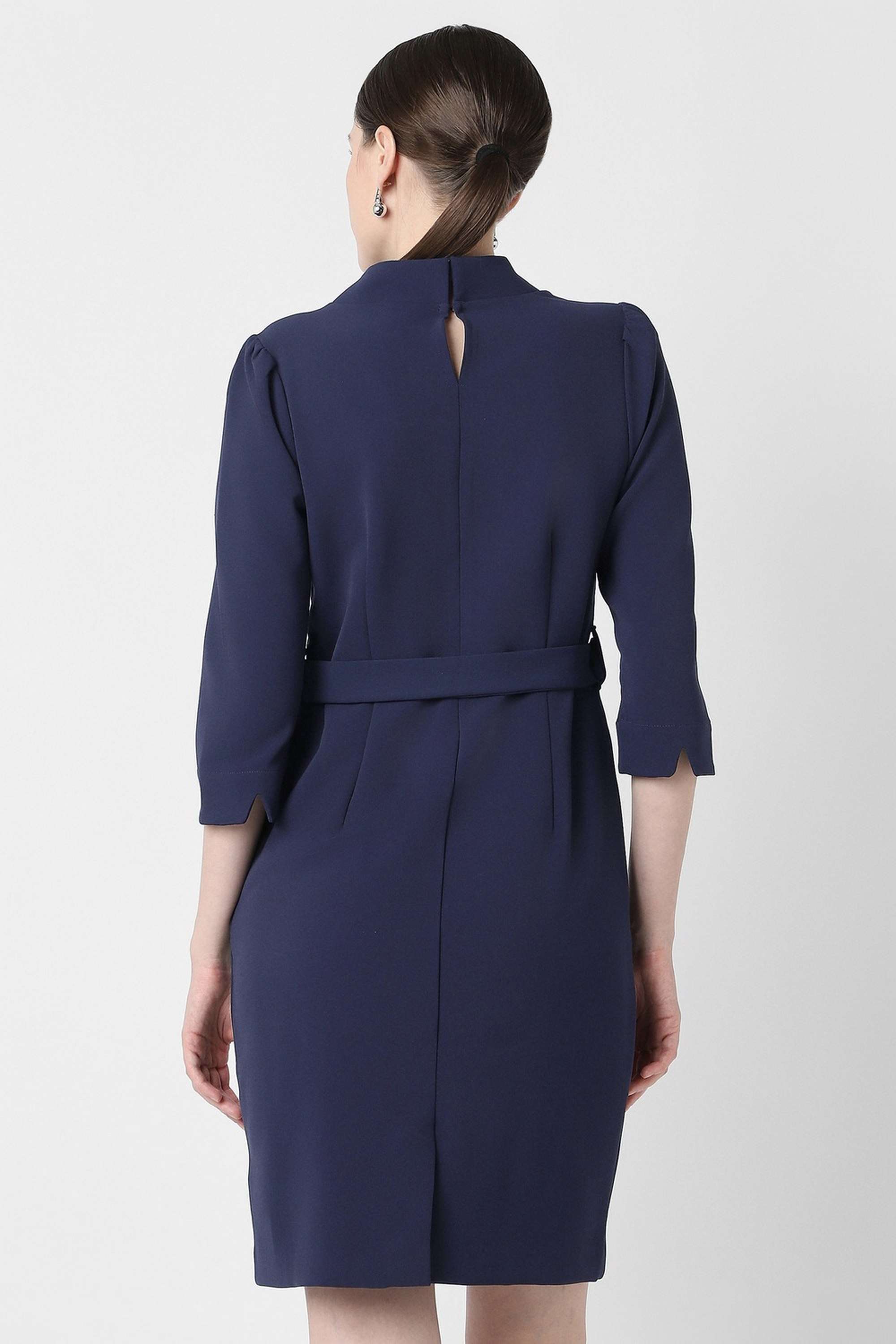 Solid-V-Neck-Polyester-Blend-Women-s-Above-Knee-Dress