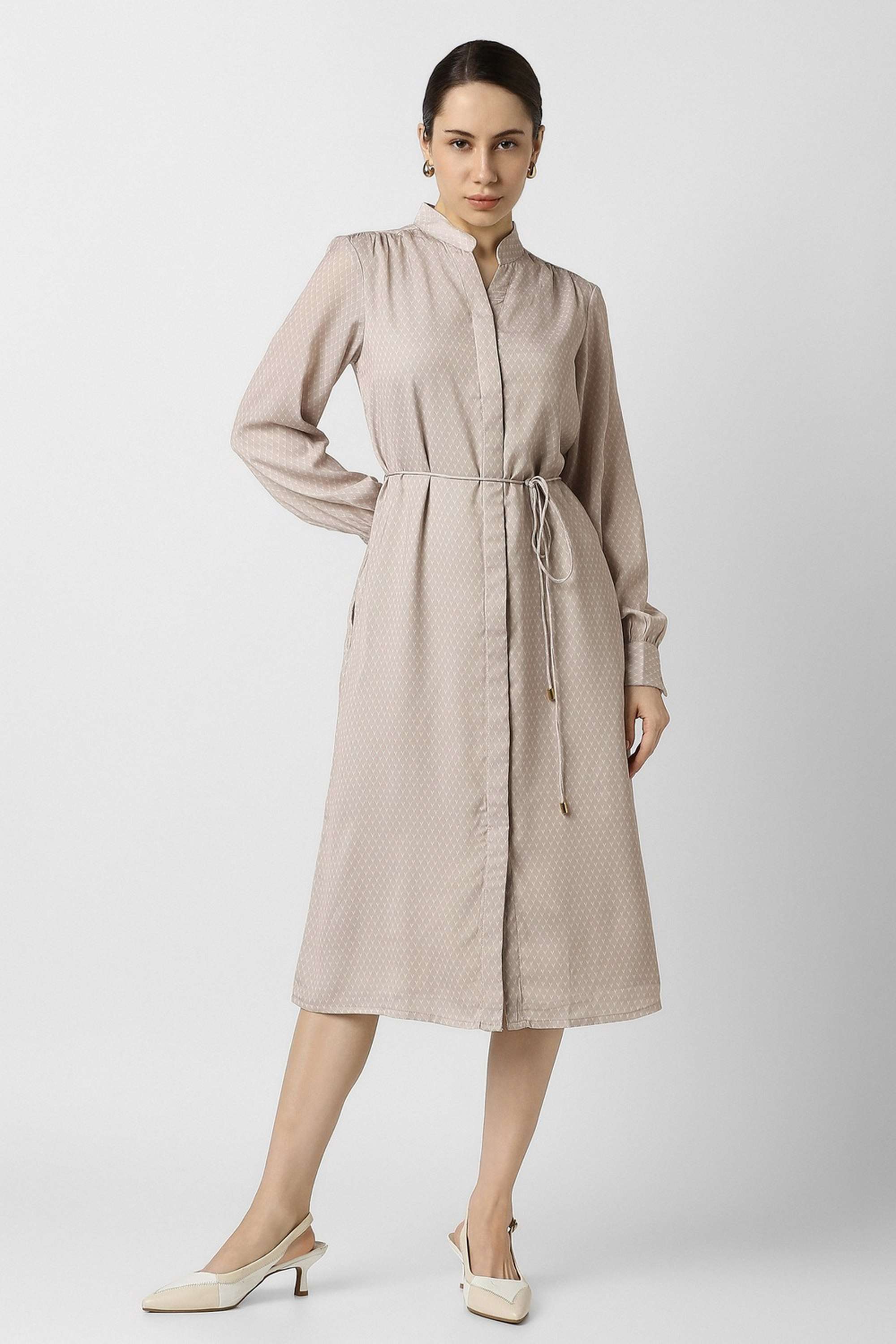 Geometric-Print-Collared-Polyester-Women-s-Calf-Length-Dress