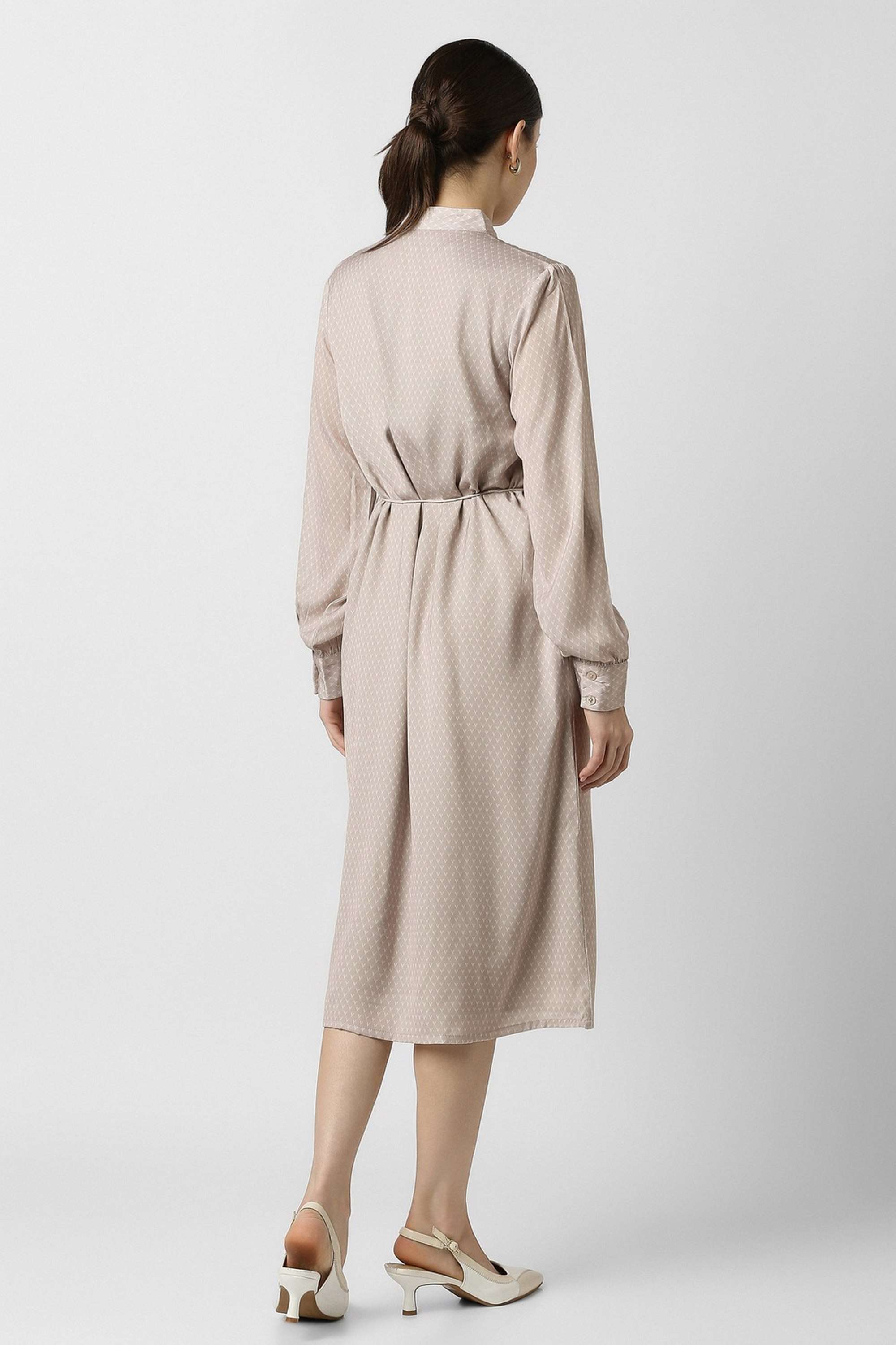 Geometric-Print-Collared-Polyester-Women-s-Calf-Length-Dress