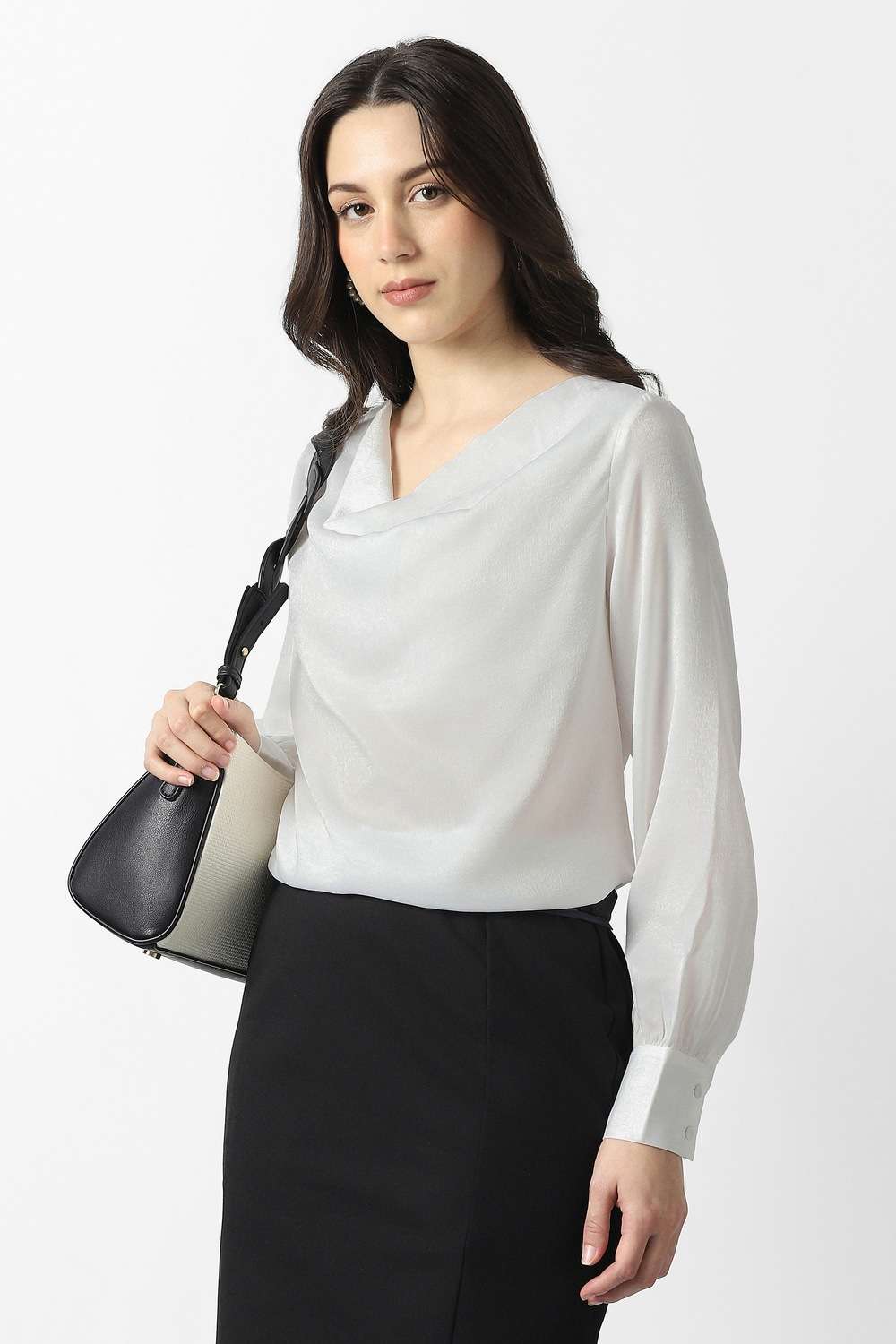 Solid-Polyester-V-Neck-Women-s-Top