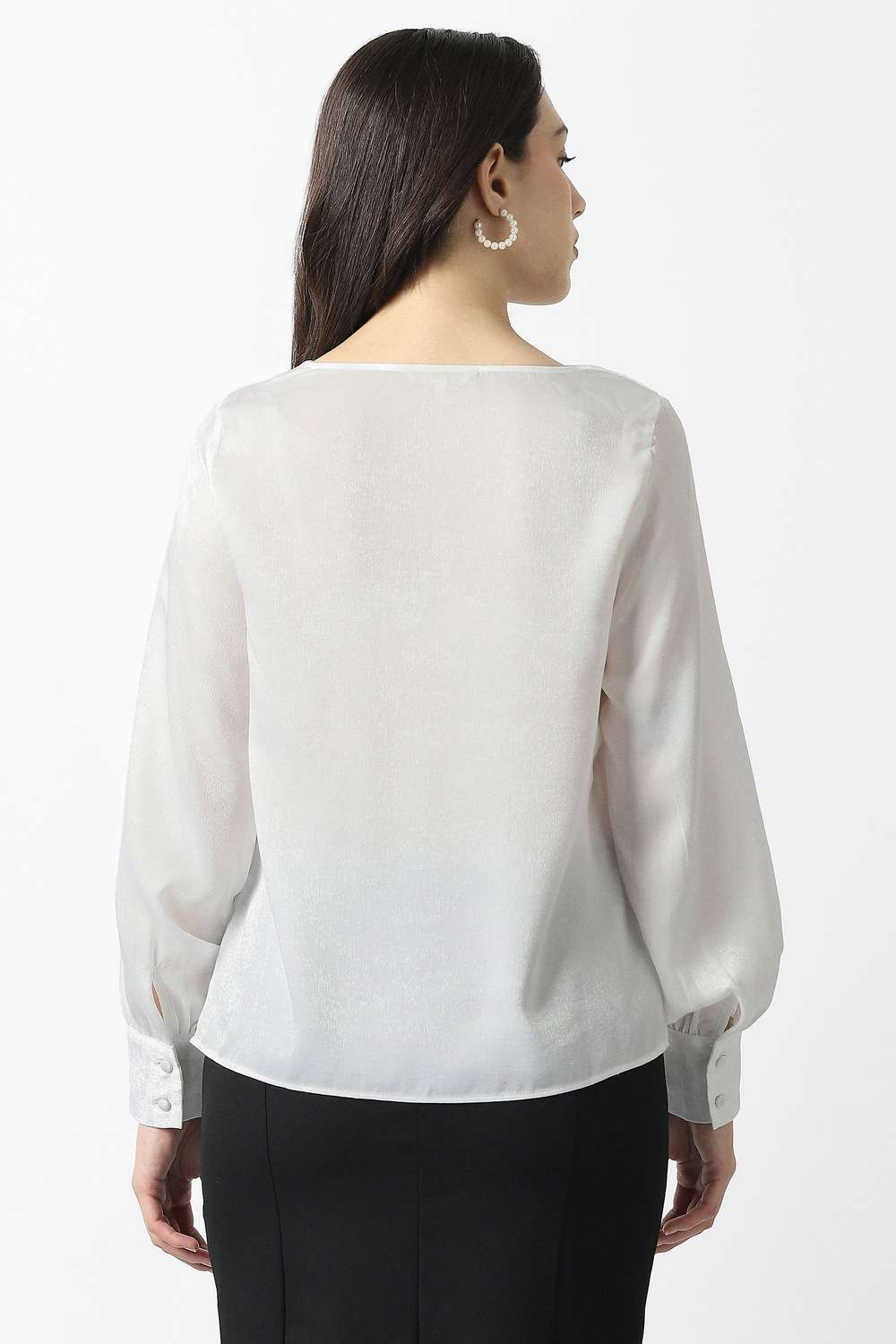 Solid-Polyester-V-Neck-Women-s-Top