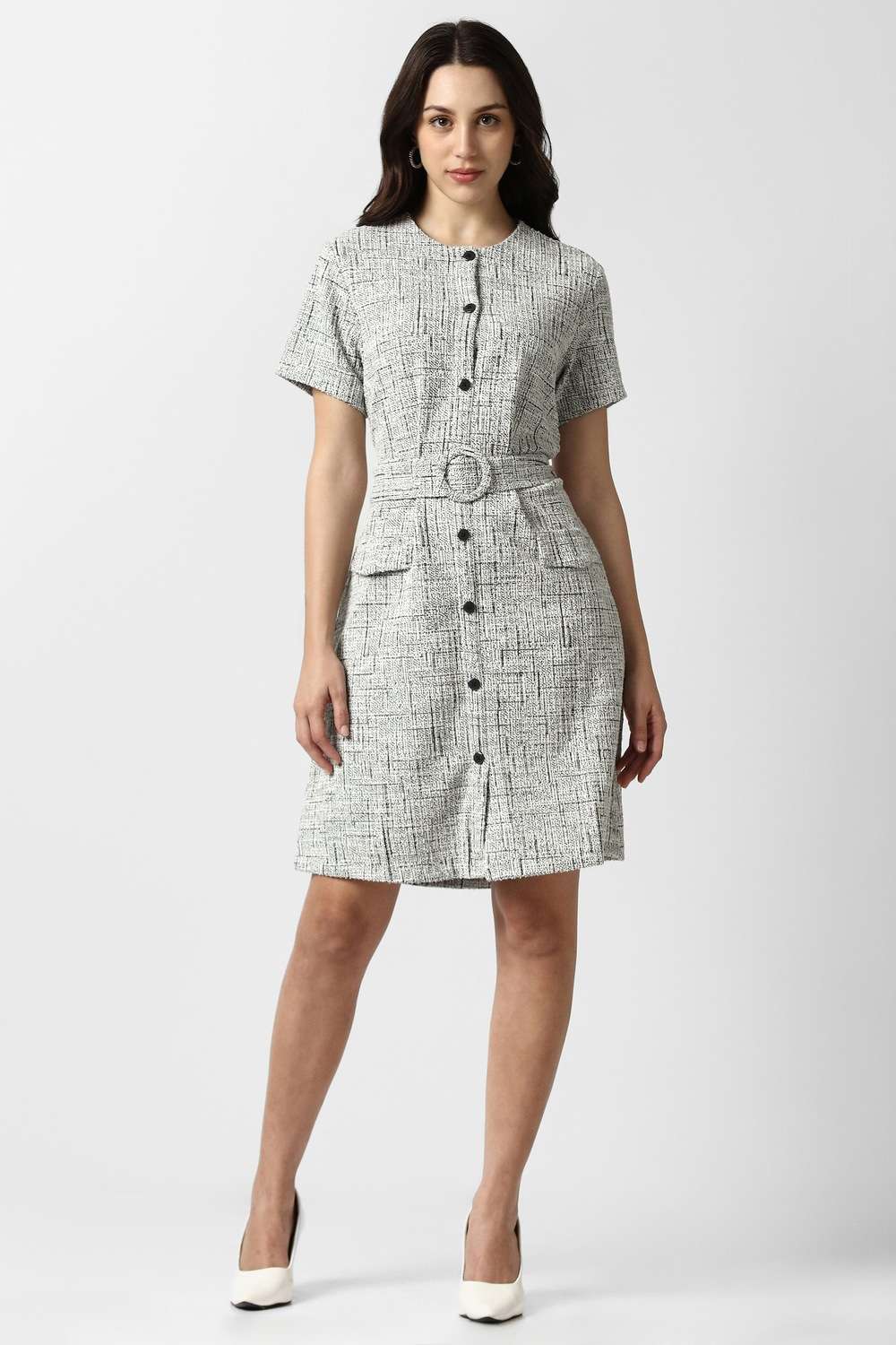 Solid-Polyester-Round-Neck-Women-s-Knee-Length-Dress