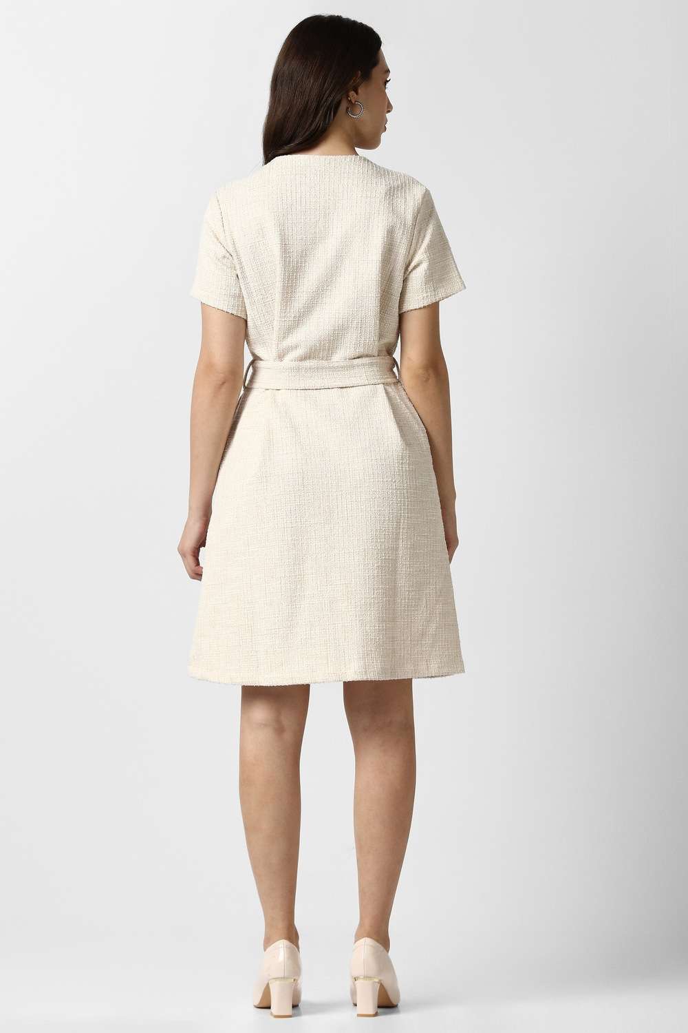 Solid-Polyester-Round-Neck-Women-s-Knee-Length-Dress