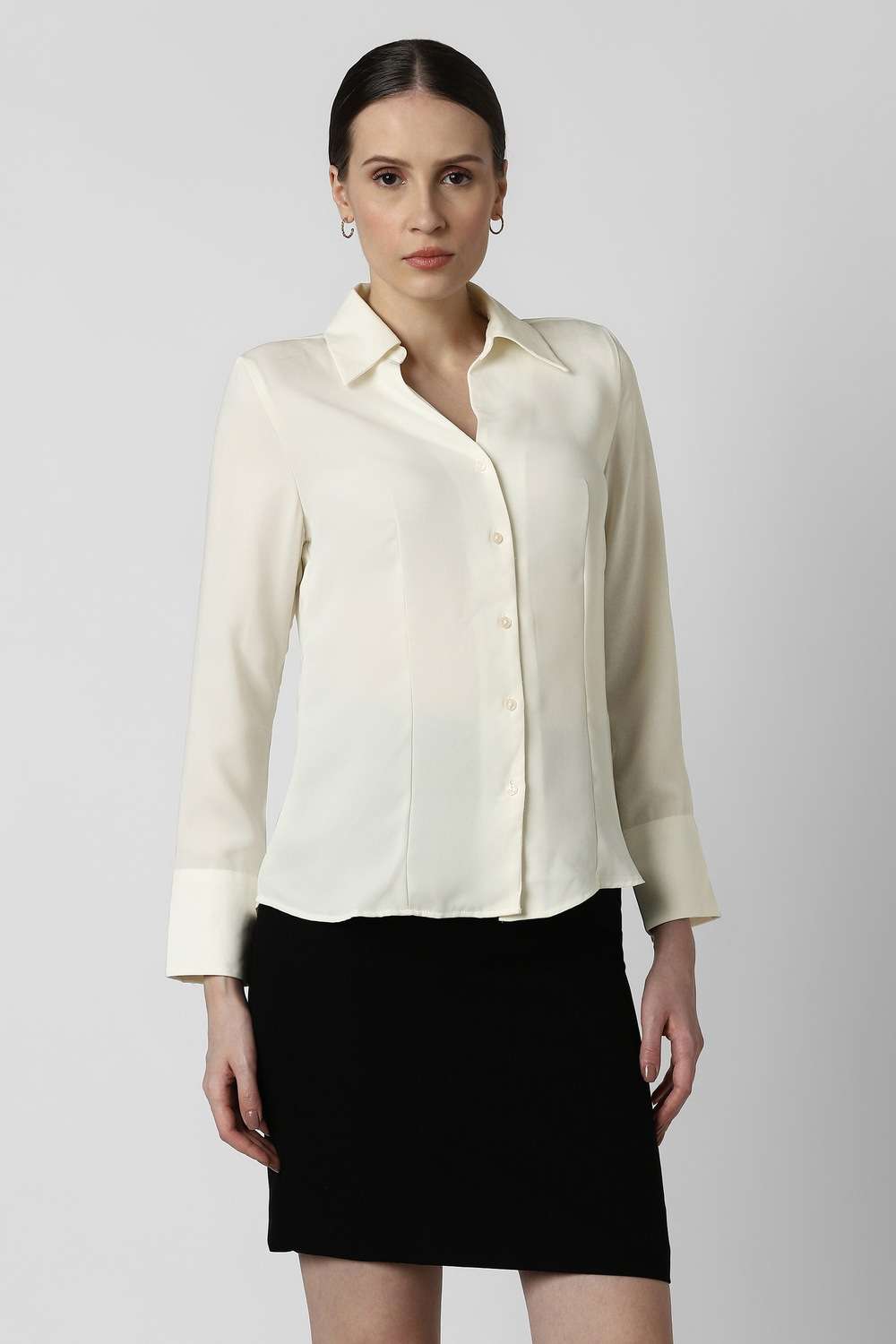 Solid-Spread-Collar-Polyester-Women-s-Formal-Wear-Shirt