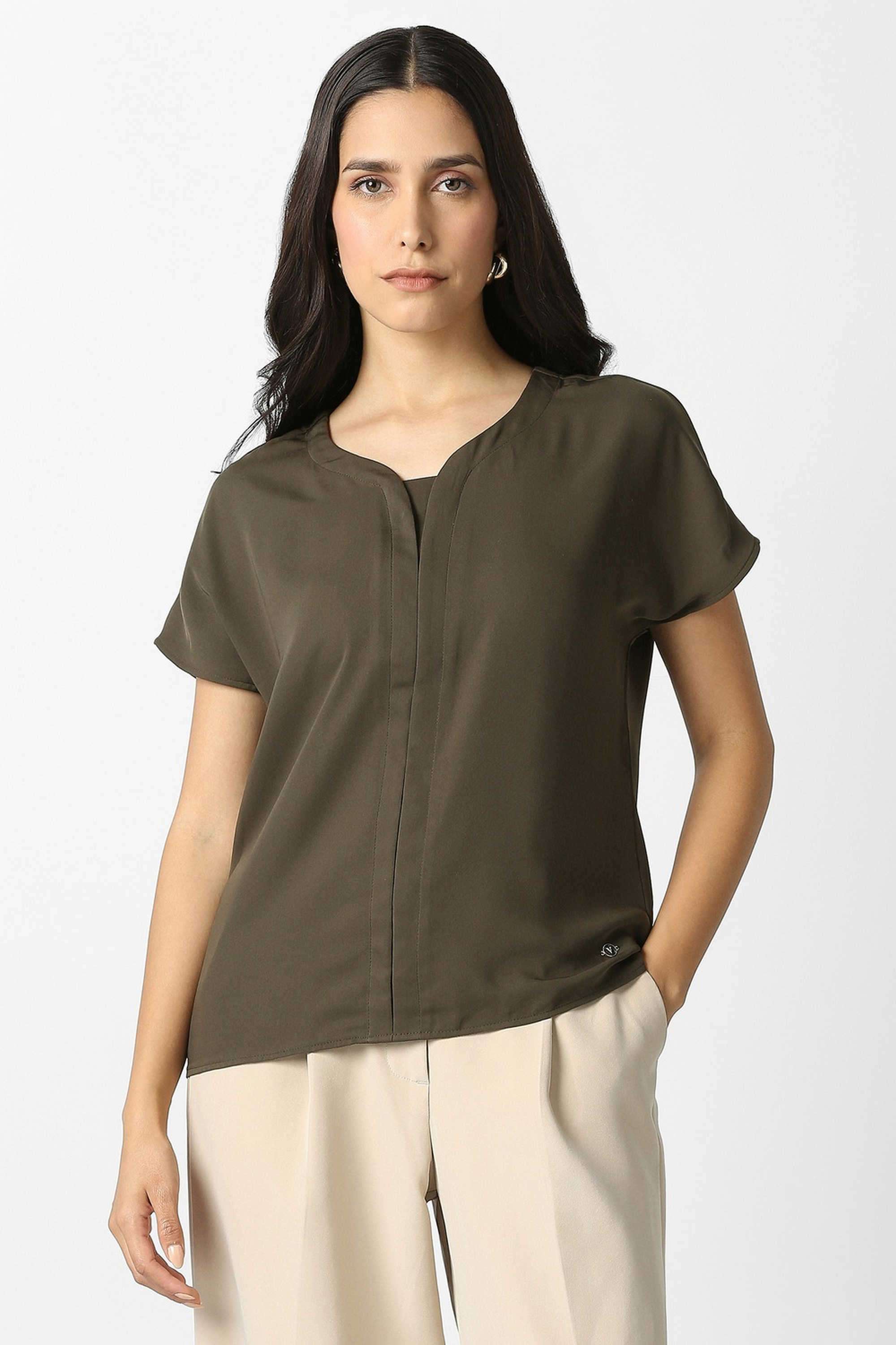 Solid-Polyester-Regular-Fit-Women-s-Top