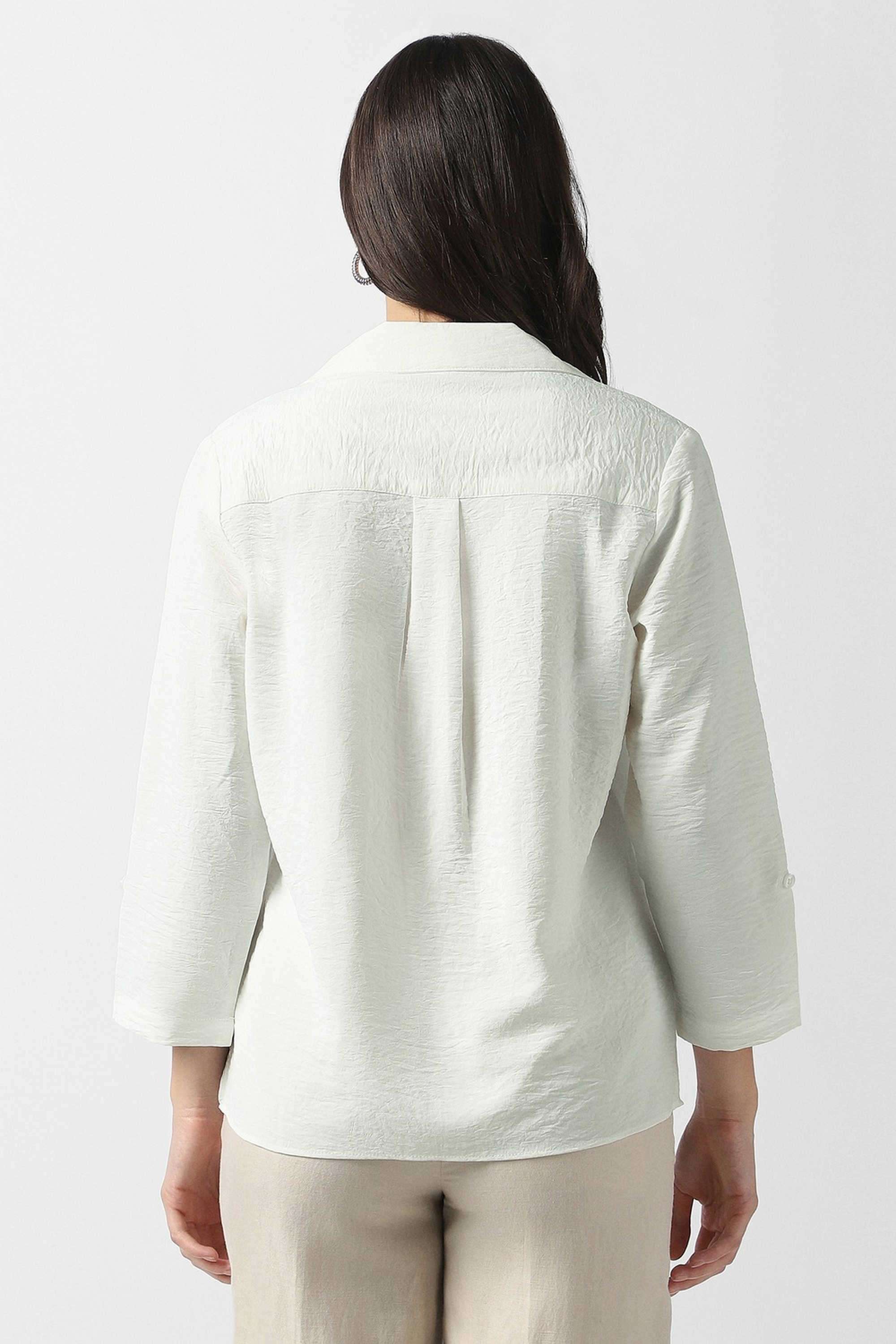 Solid-Blended-Fabric-Collared-Women-Top