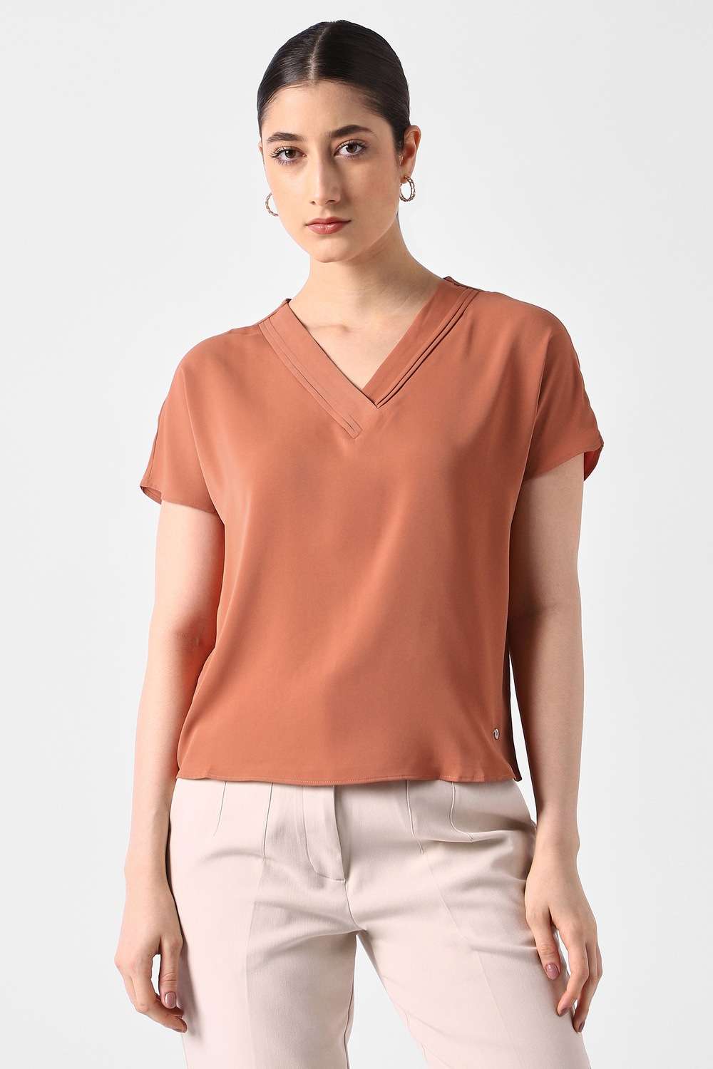 Solid-Polyester-V-Neck-Women-s-Top