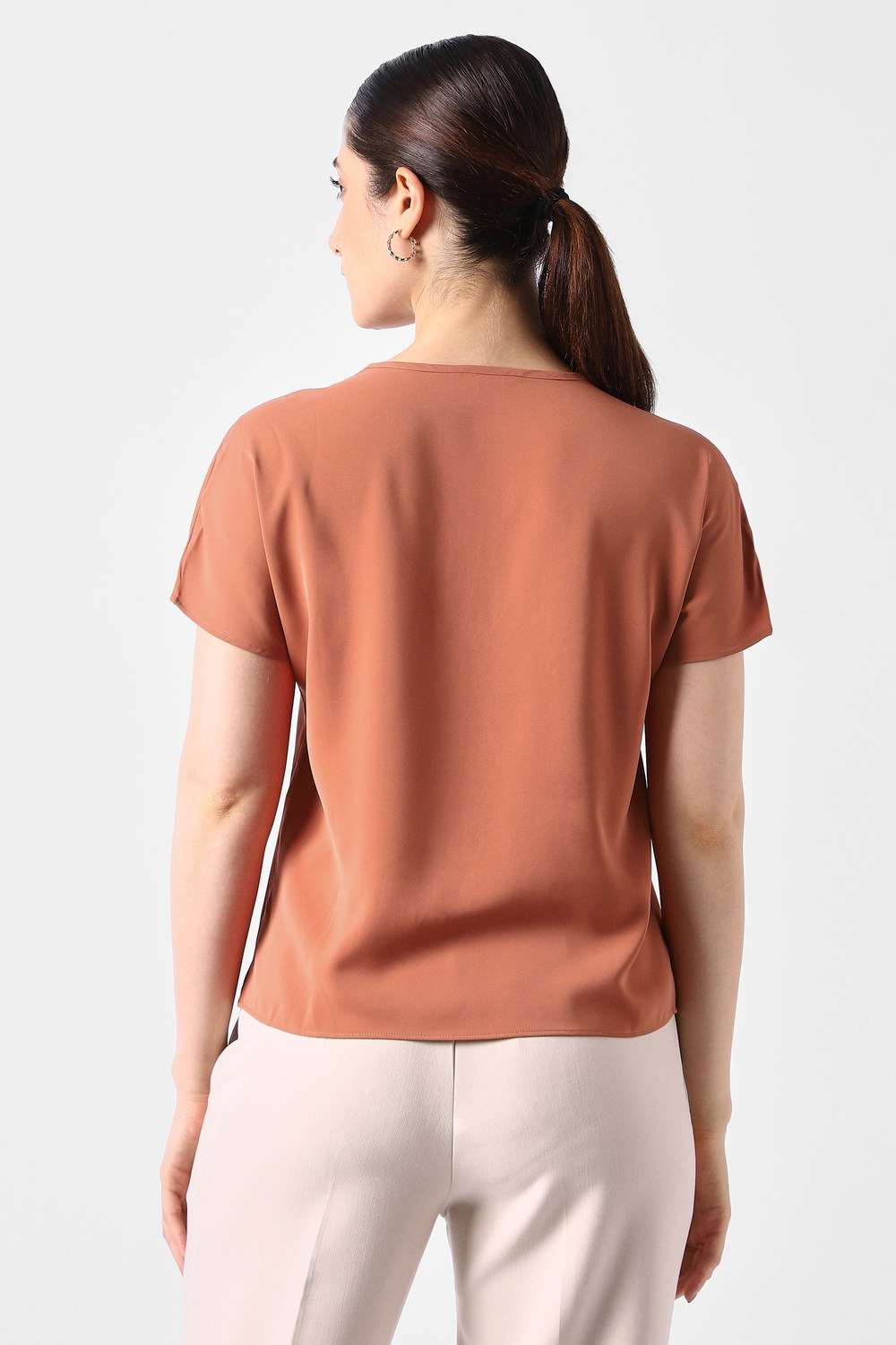 Solid-Polyester-V-Neck-Women-s-Top