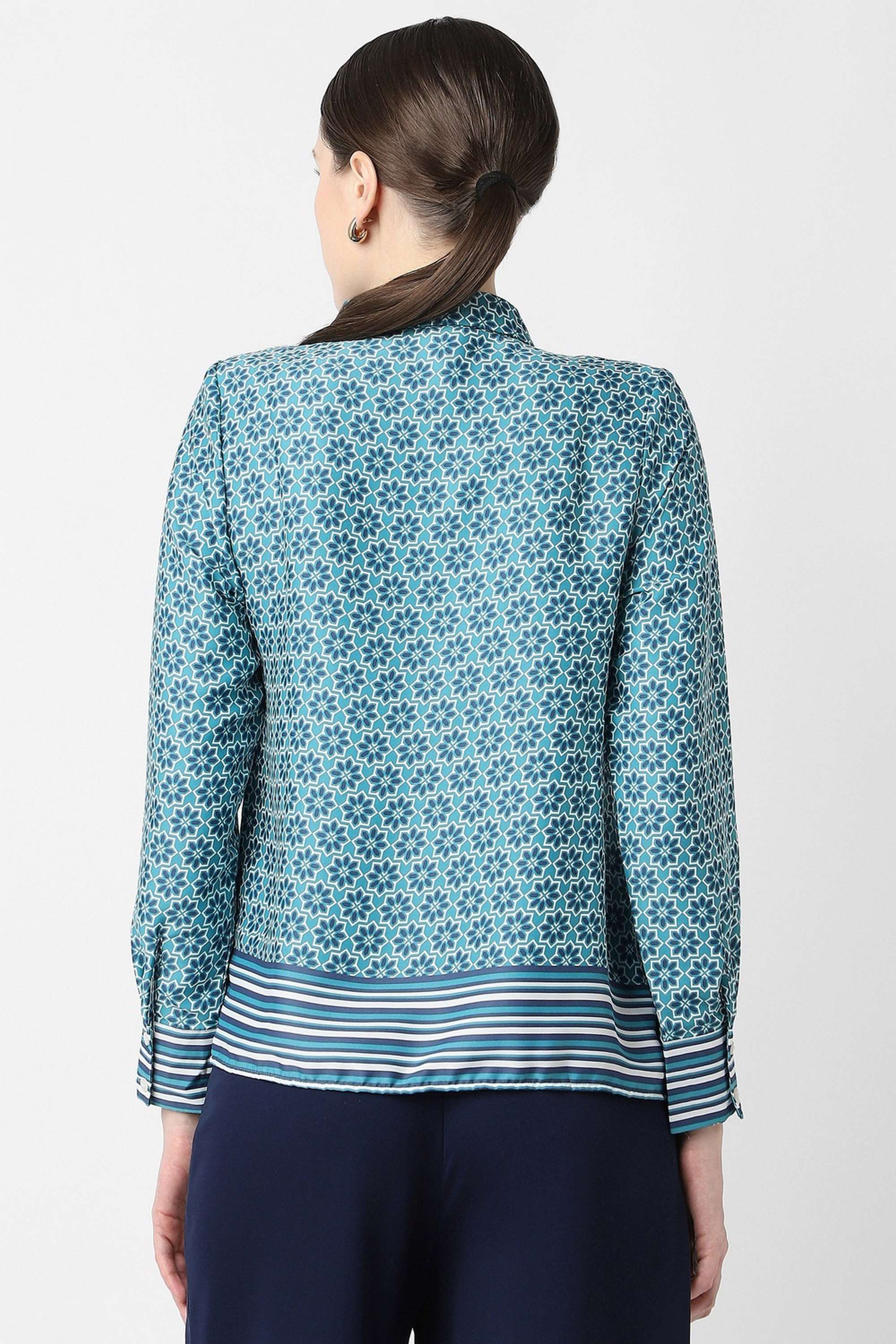 Geometric-Print-Spread-Collar-Polyester-Women-s-Formal-Wear-Shirt