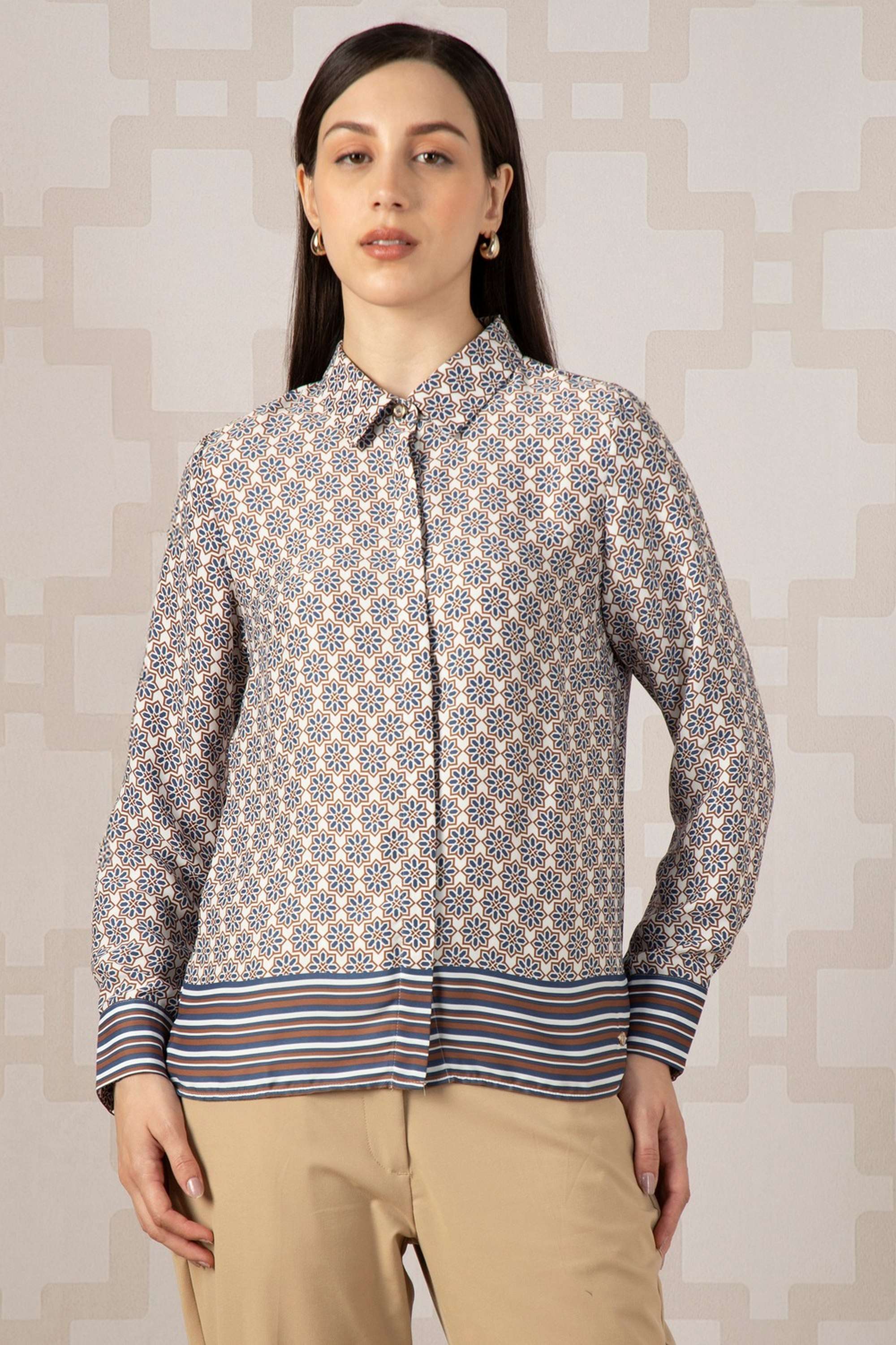 Printed-Spread-Collar-Polyester-Women-s-Formal-Wear-Shirt