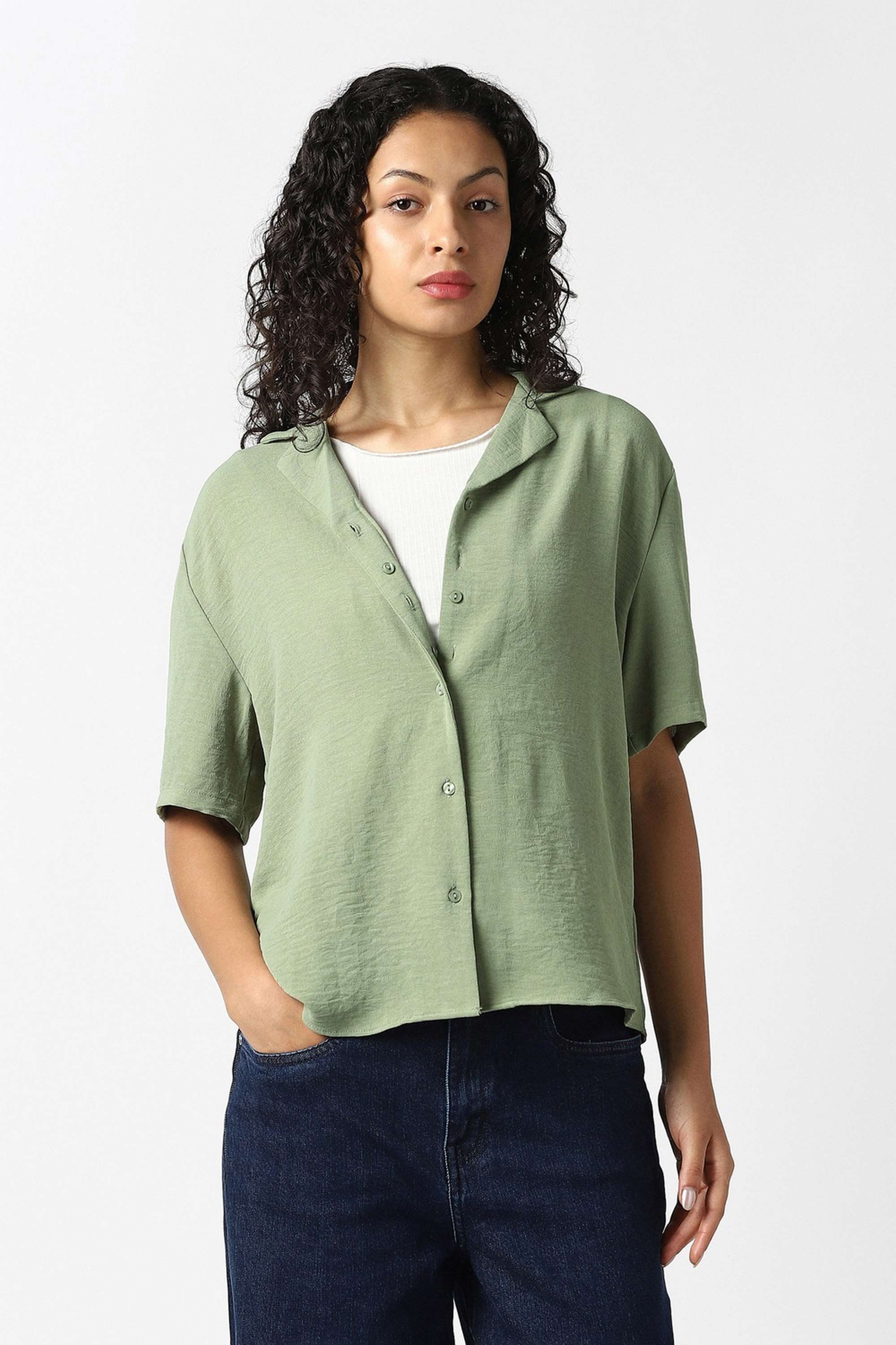 Solid-Collared-Blended-Fabric-Women-Casual-Wear-Shirt