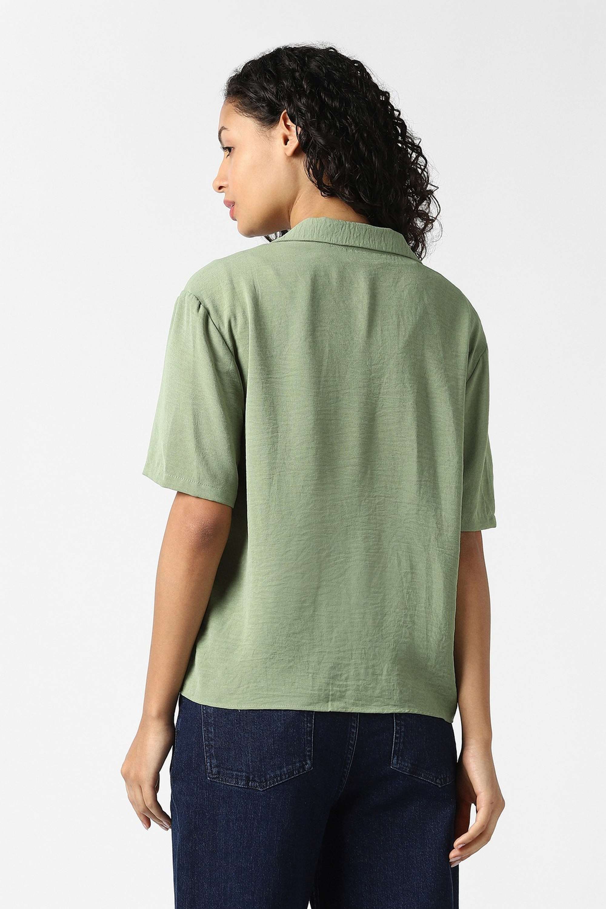 Solid-Collared-Blended-Fabric-Women-Casual-Wear-Shirt