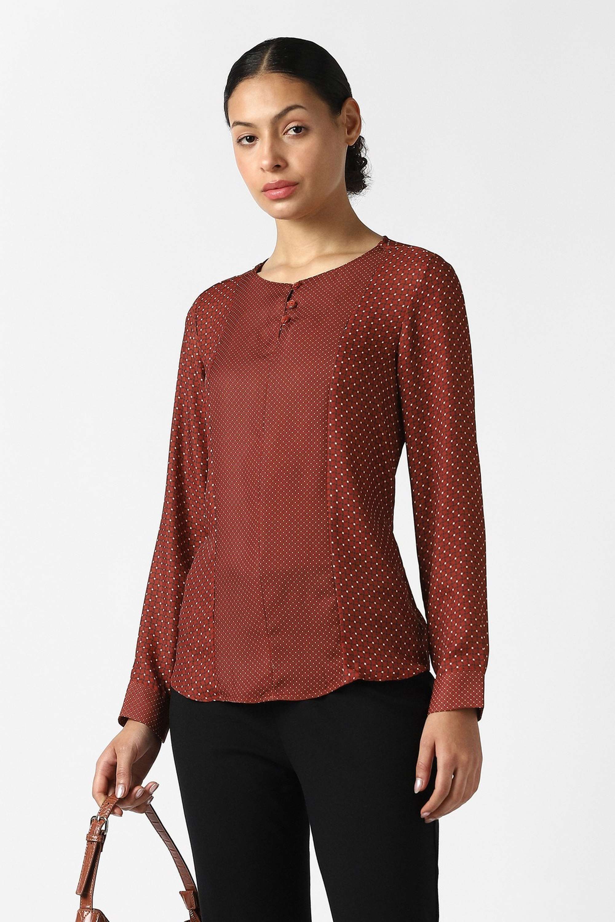Polka-Dots-Blended-Fabric-Round-Neck-Women-Top
