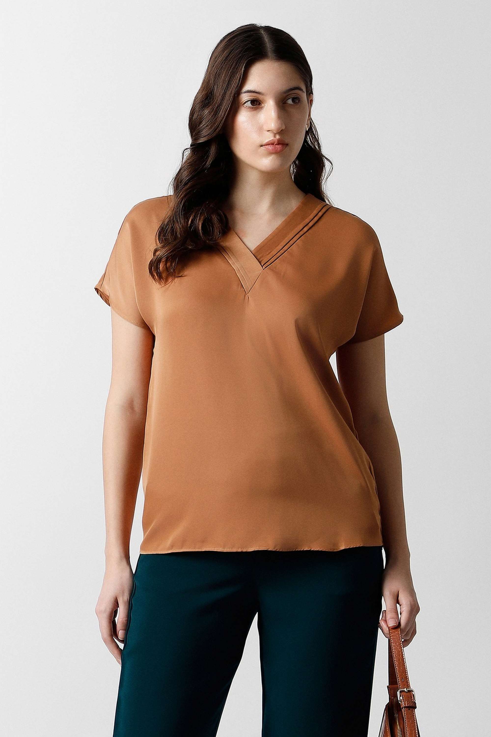 Solid-Blended-Fabric-V-Neck-Women-Top
