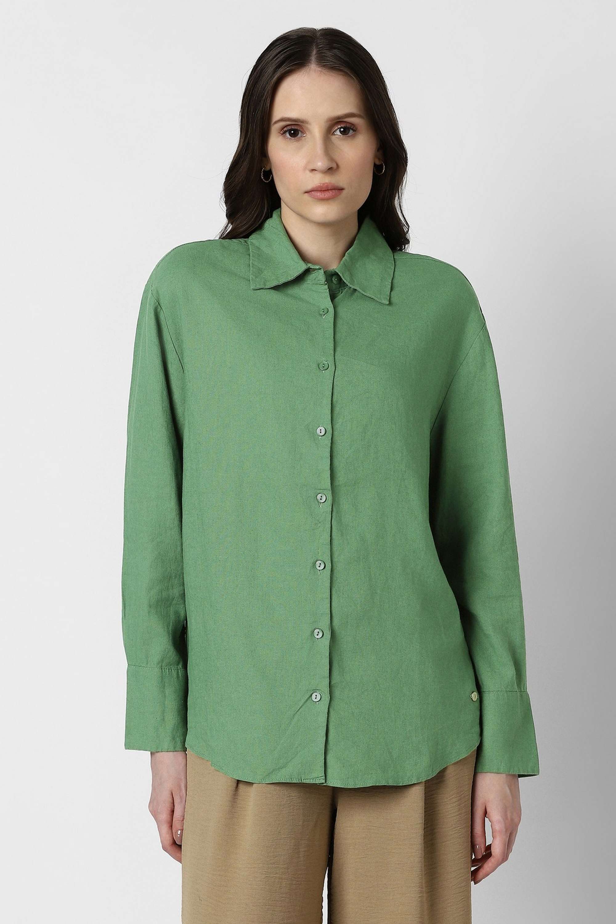 Solid-Spread-Collar-Linen-Cotton-Blend-Women-s-Casual-Wear-Shirt