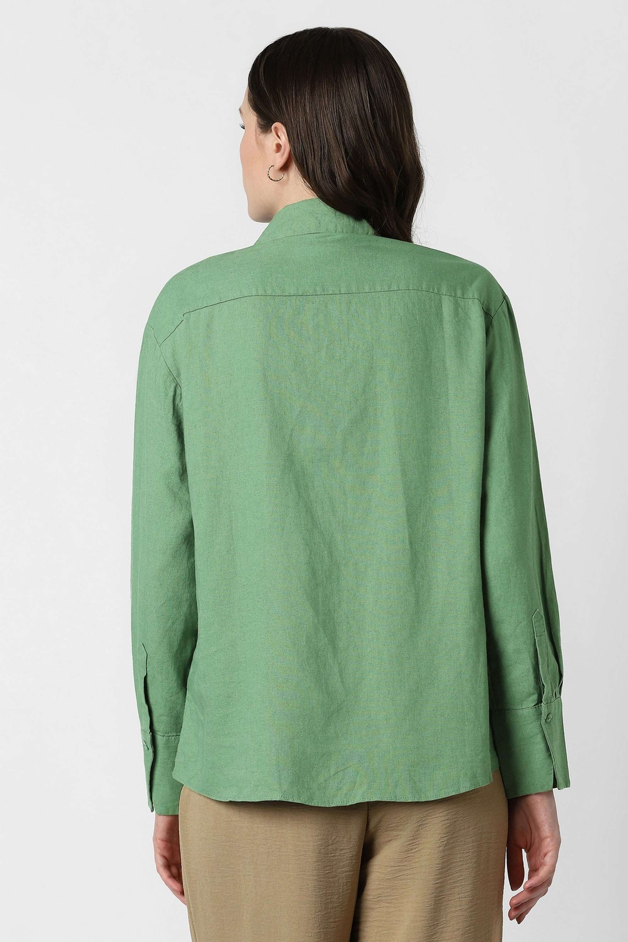 Solid-Spread-Collar-Linen-Cotton-Blend-Women-s-Casual-Wear-Shirt