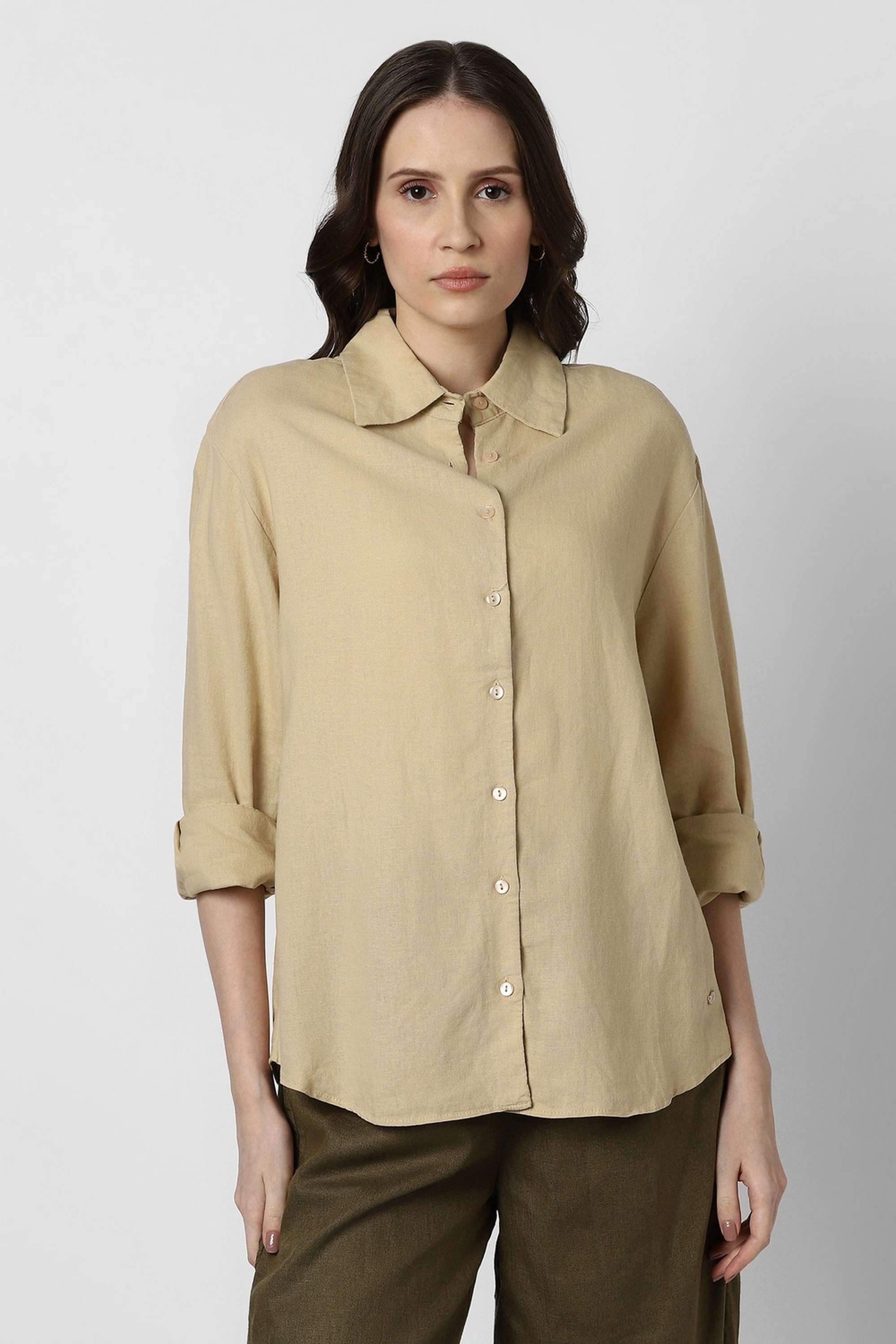Solid-Spread-Collar-Blended-Fabric-Women-s-Casual-Wear-Shirt