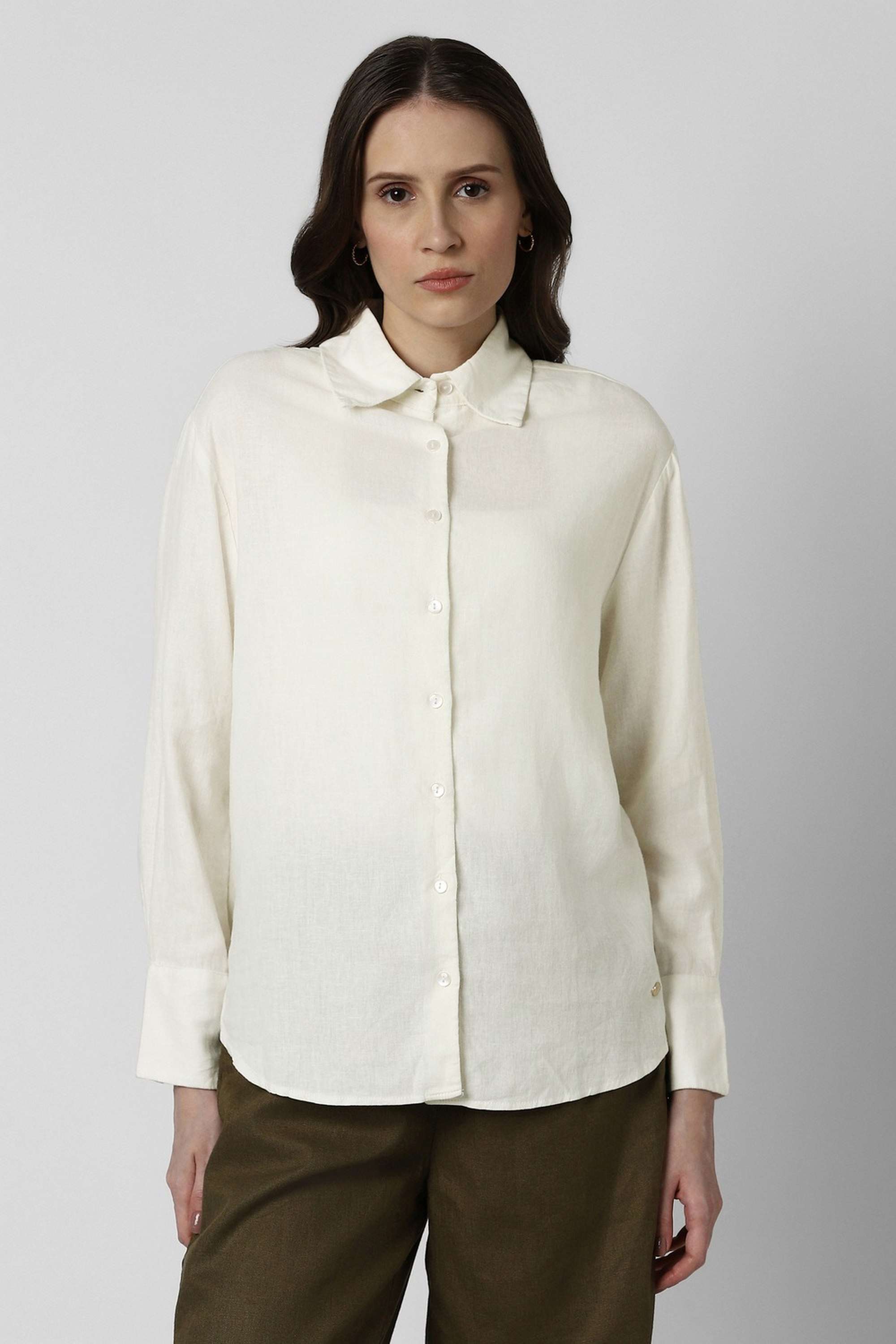 Solid-Spread-Collar-Linen-Cotton-Blend-Women-s-Casual-Wear-Shirt