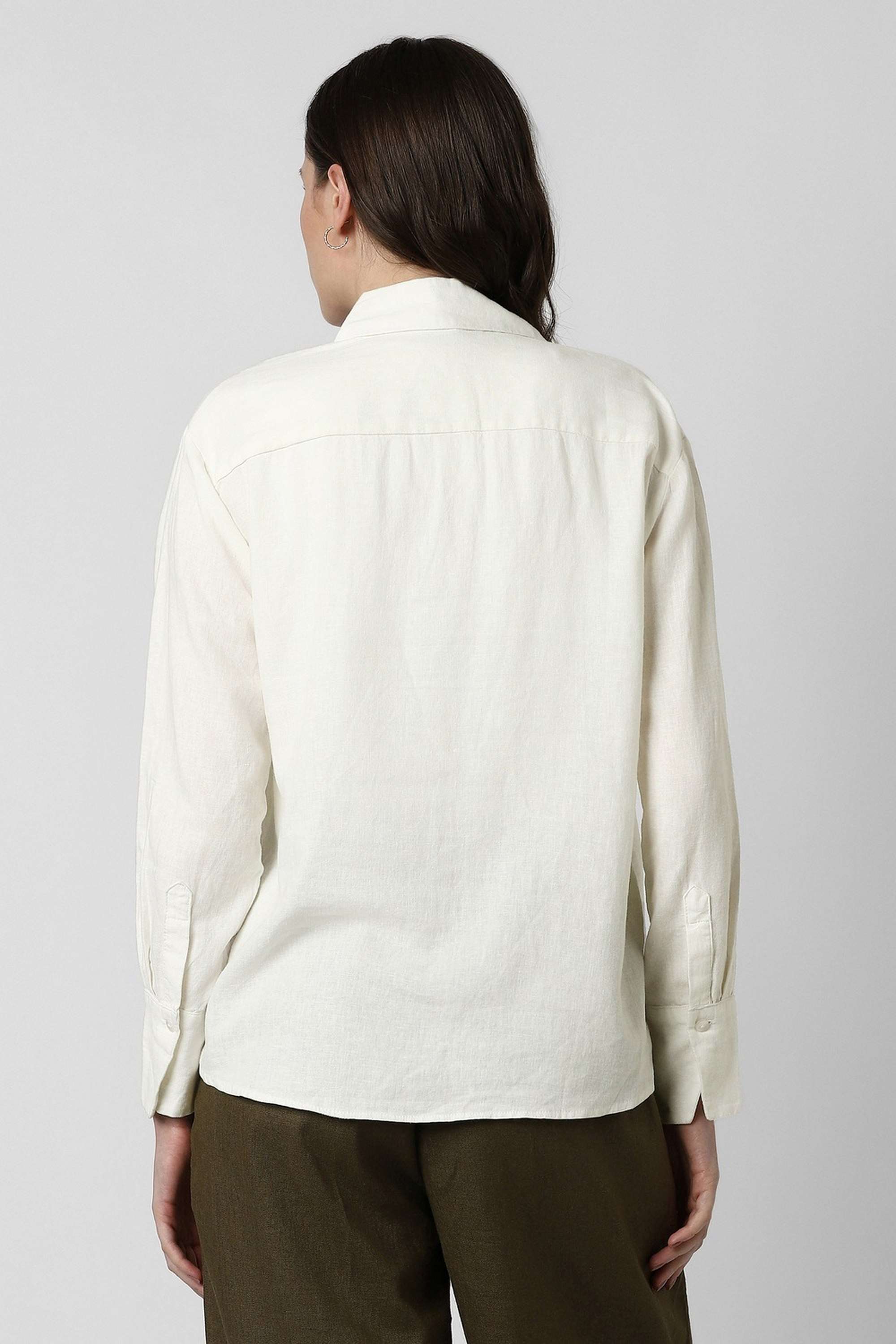 Solid-Spread-Collar-Linen-Cotton-Blend-Women-s-Casual-Wear-Shirt