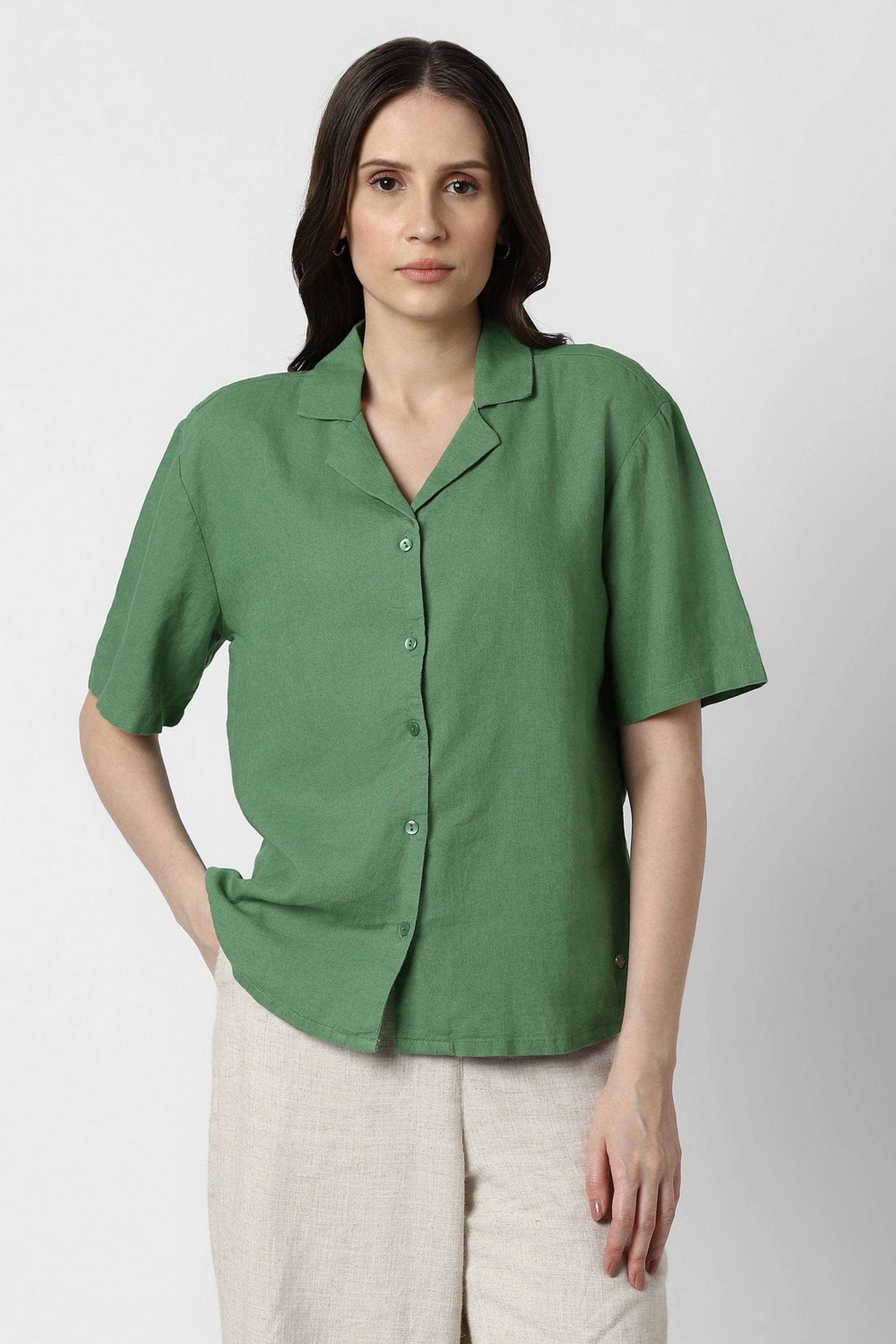 Solid-Resort-Collar-Linen-Cotton-Blend-Women-s-Casual-Wear-Shirt