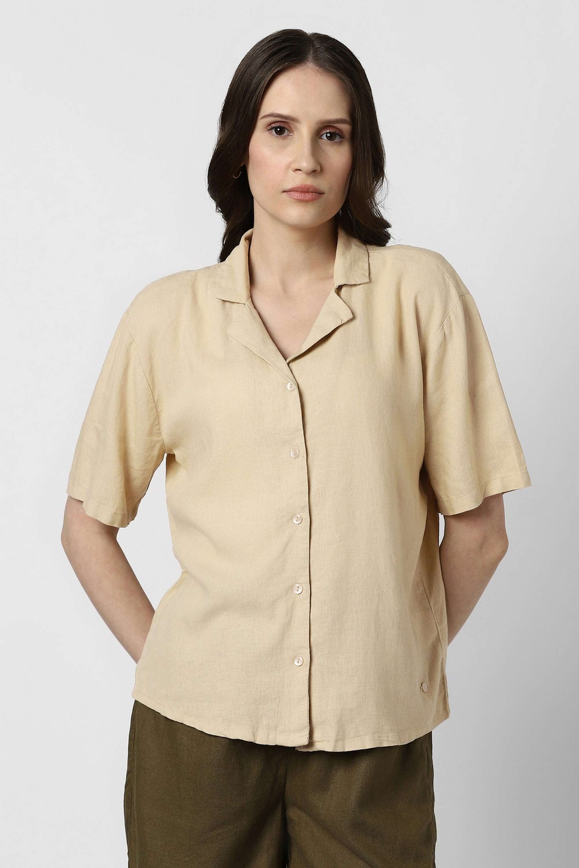 Solid-Resort-Collar-Linen-Cotton-Blend-Women-s-Casual-Wear-Shirt