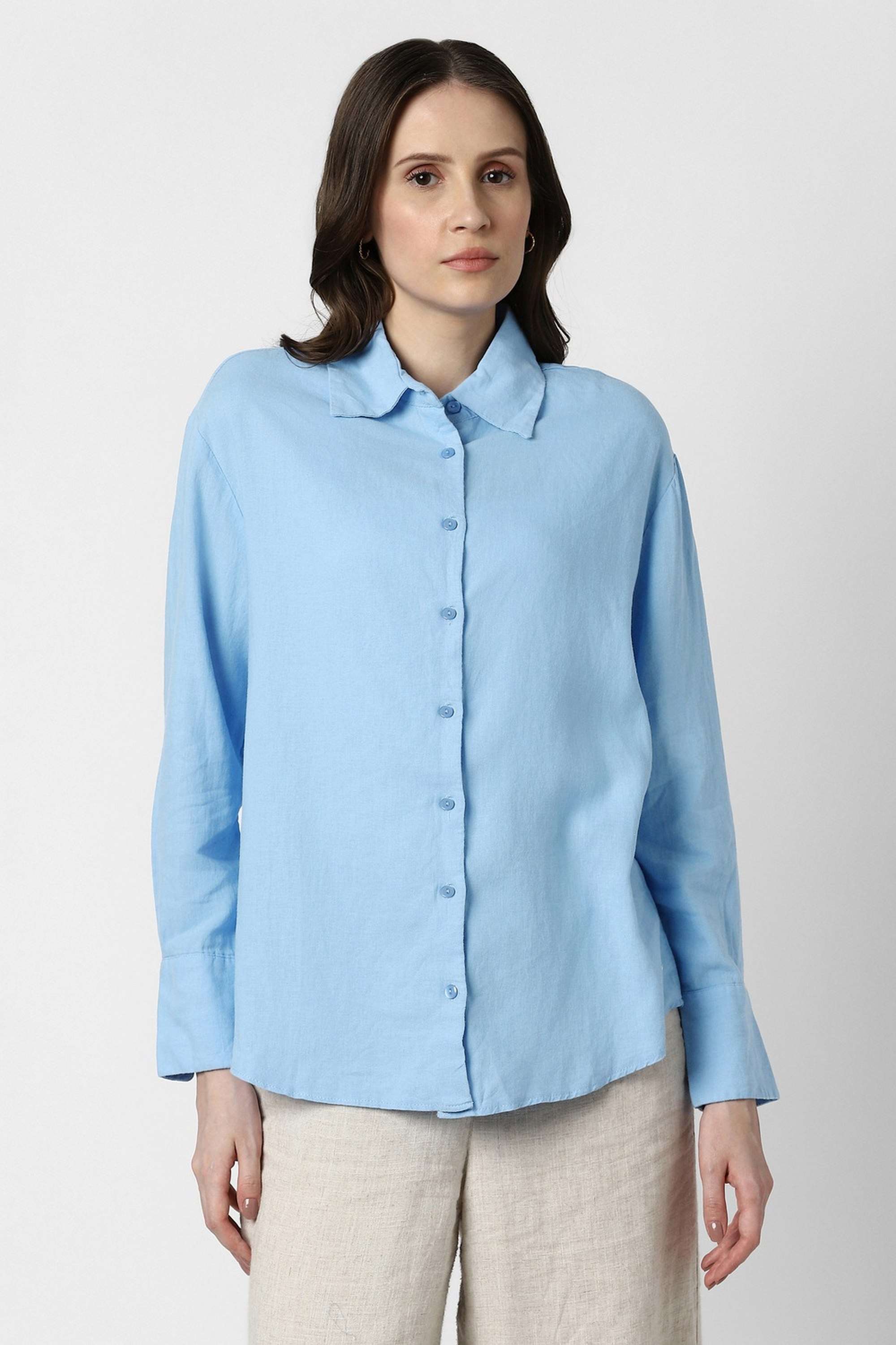Solid-Spread-Collar-Linen-Cotton-Blend-Women-s-Casual-Wear-Shirt