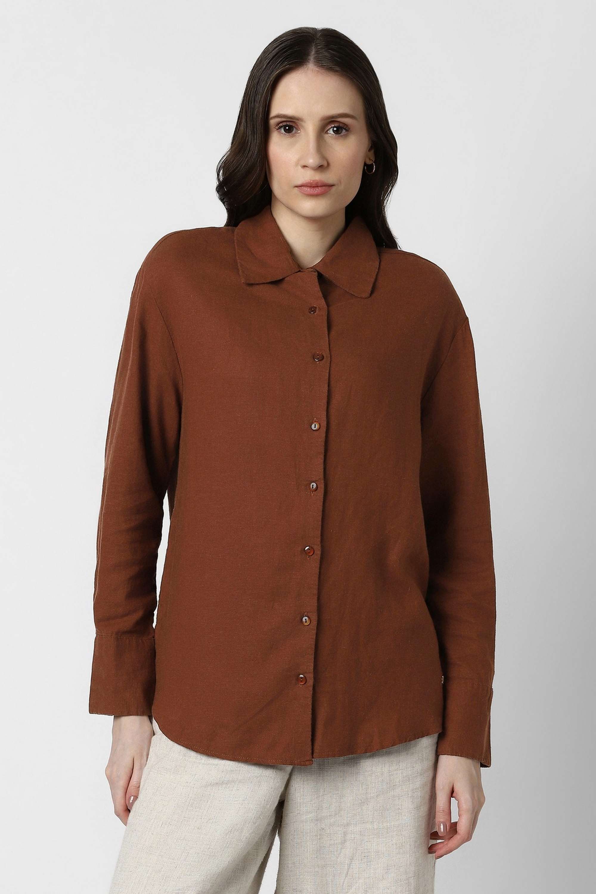 Solid-Spread-Collar-Blended-Fabric-Women-s-Casual-Wear-Shirt