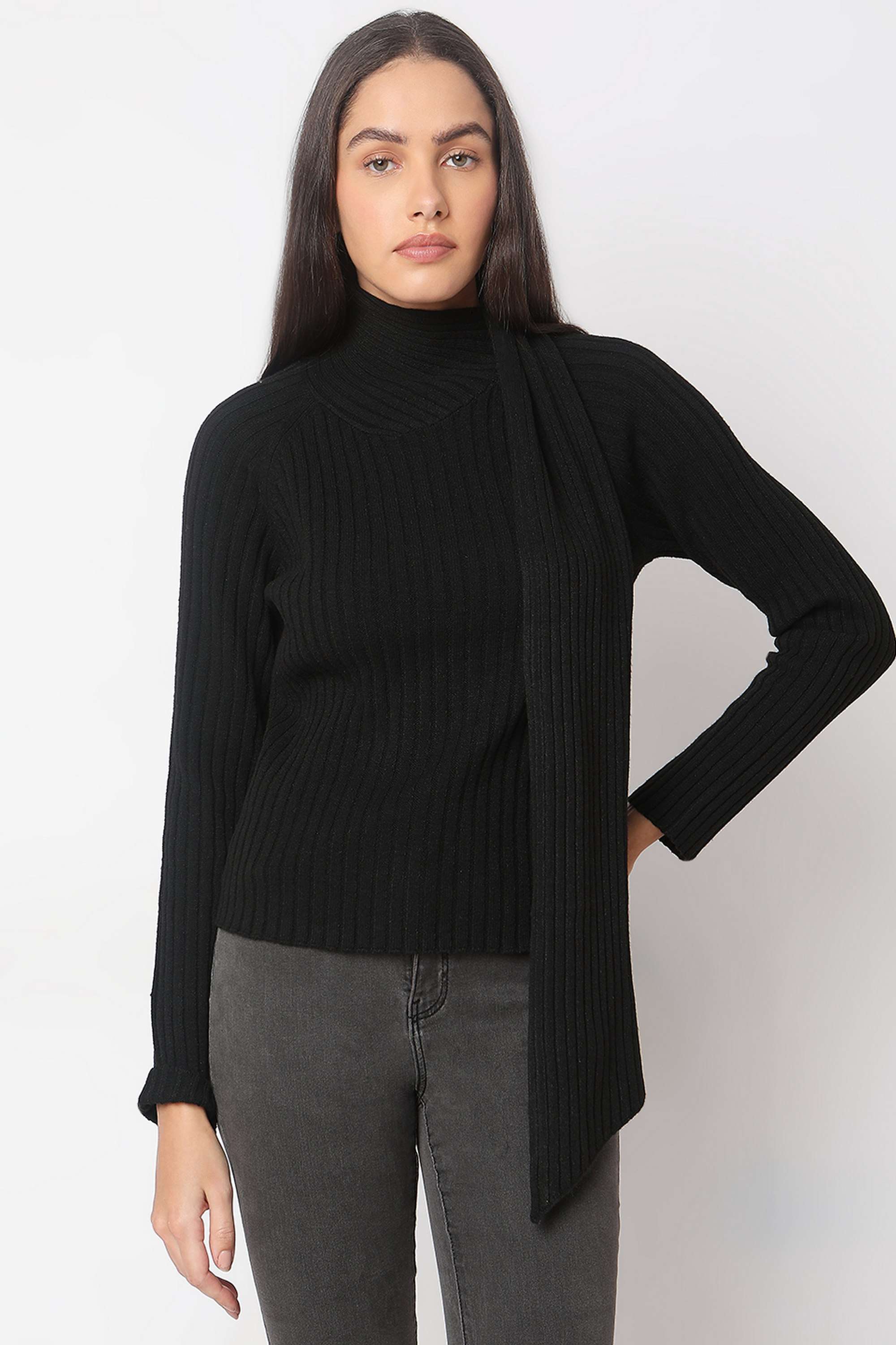 Solid-Blended-Fabric-Turtle-Neck-Women-Top