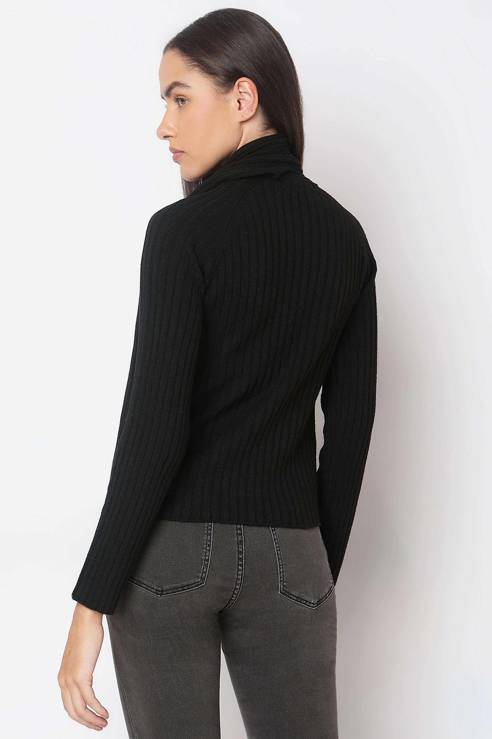 Solid-Blended-Fabric-Turtle-Neck-Women-Top